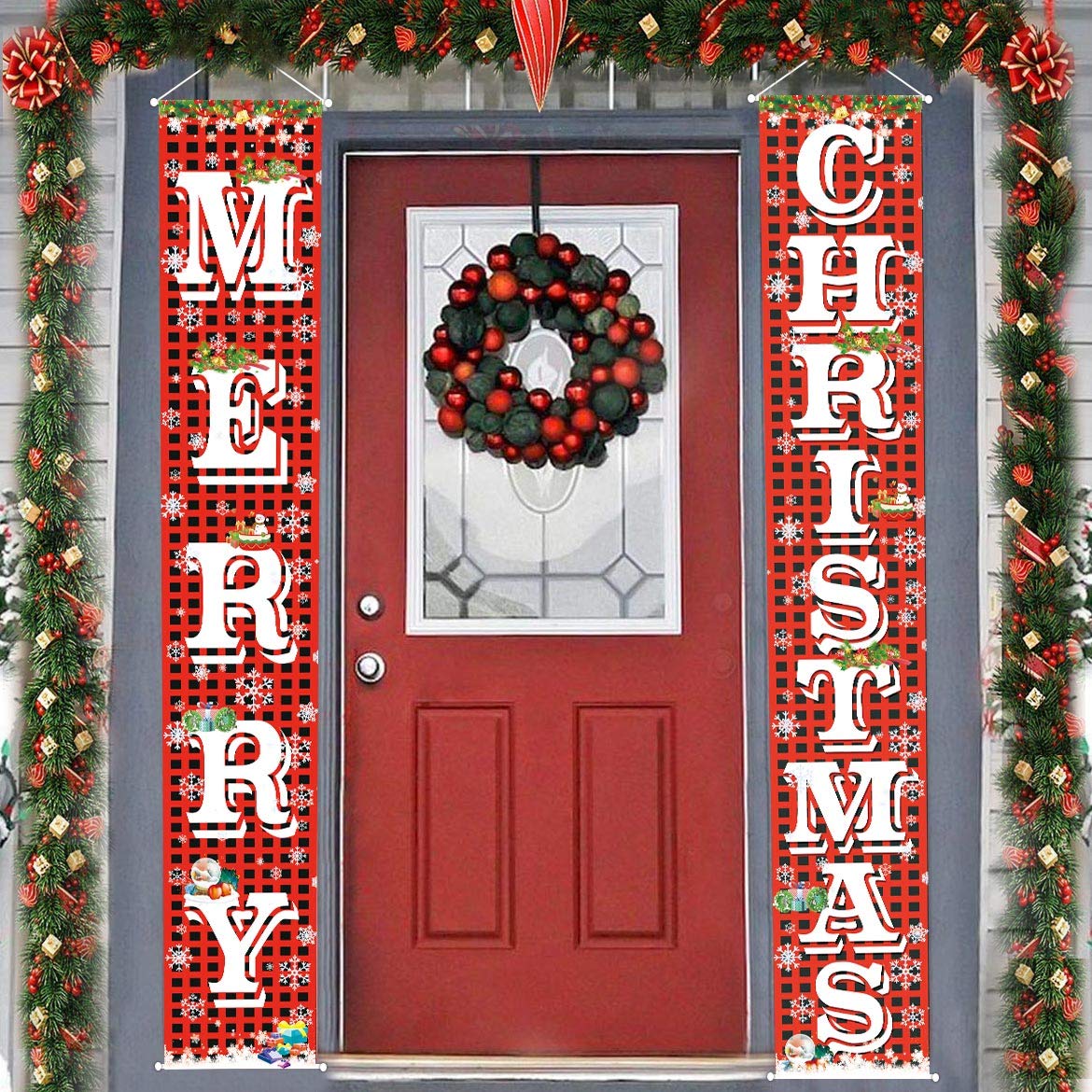 FECEDY Merry Christmas Hanging Banner Porch Sign with Pattern Christmas Tree Presents Snow Banner for Home Yard Indoor Outdoor Wall Door Christmas