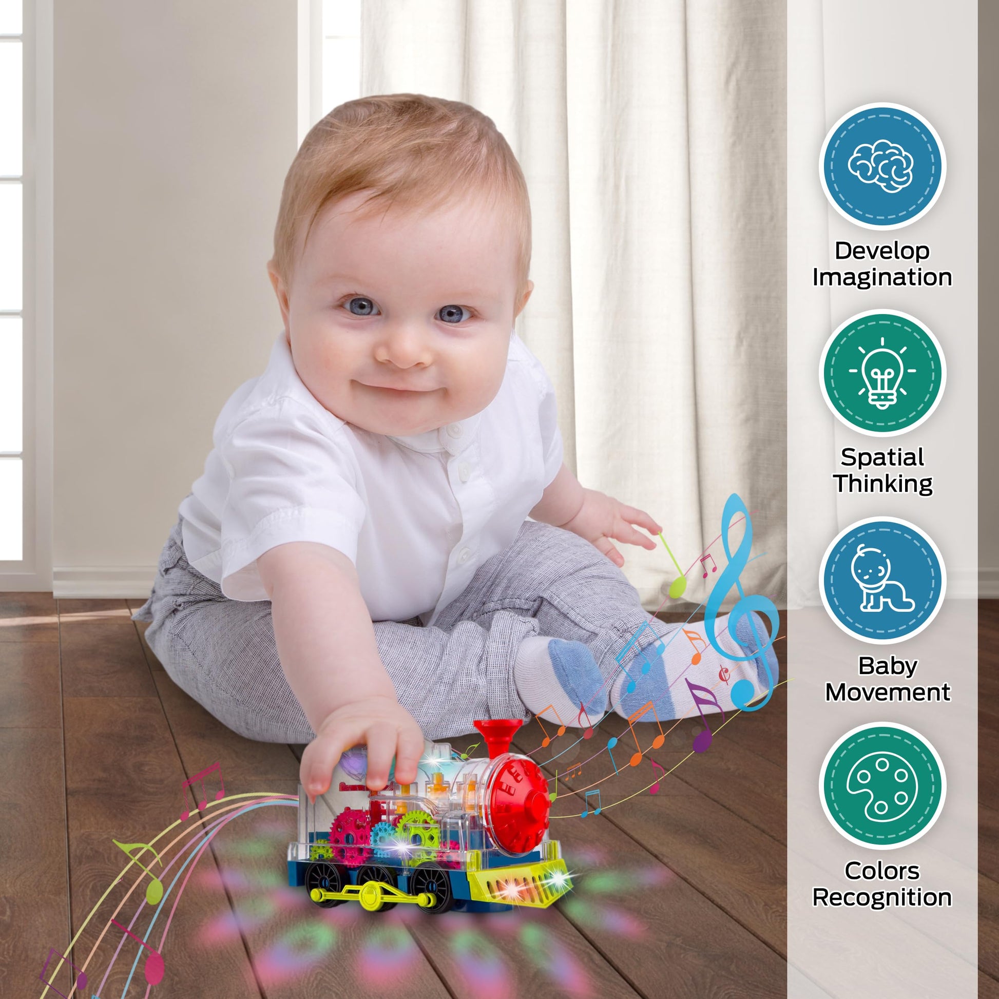 TOOTY TOY Light Up Transparent Gear Train Toy for Toddlers, Musical LED Crawling & Tummy Time Baby Toy, Educational Sensory Toys for Infants, Boys