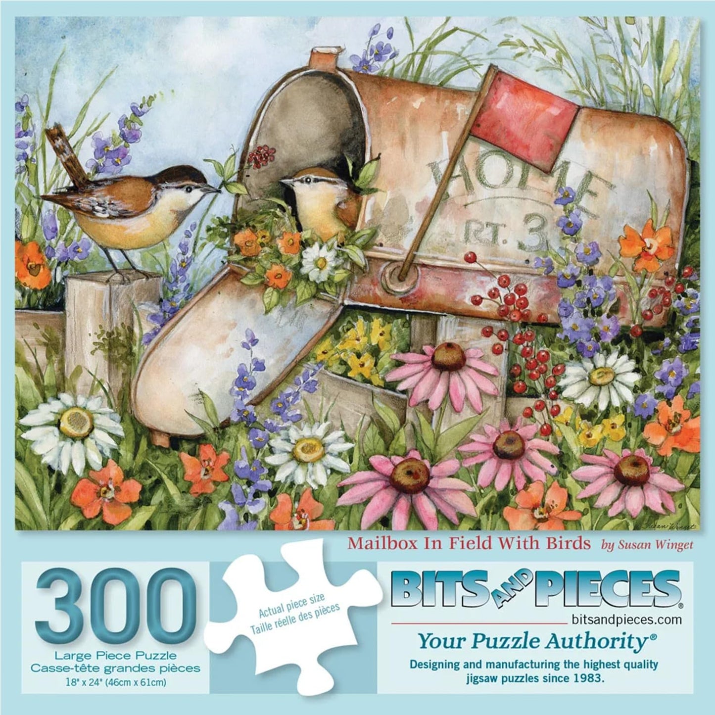 Bits and Pieces 300 Piece Puzzles for Adults - Mailbox in Field with Birds - 300 Large Pieces 18" x 24" Jigsaw Puzzles, Country Rustic Flowers, No 2