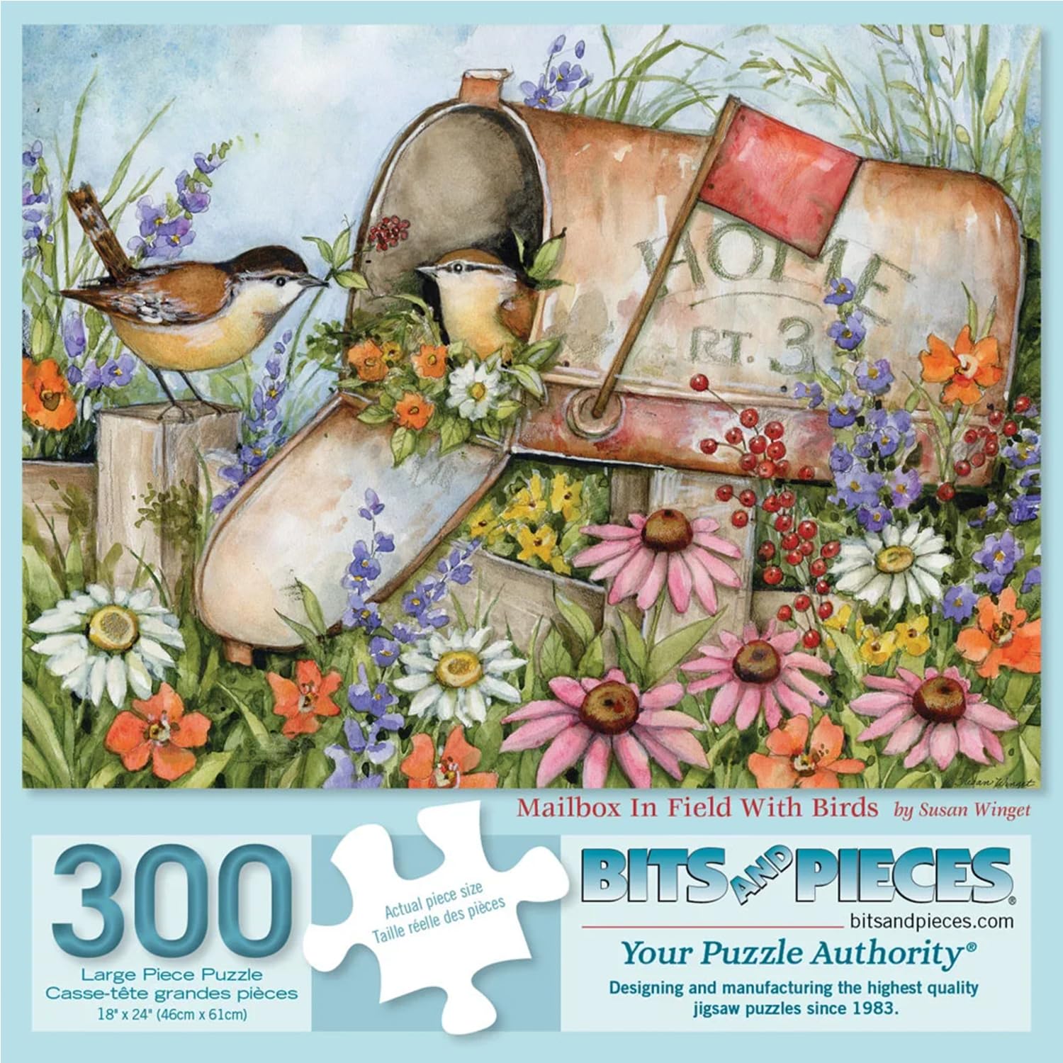 Bits and Pieces 300 Piece Puzzles for Adults - Mailbox in Field with Birds - 300 Large Pieces 18" x 24" Jigsaw Puzzles, Country Rustic Flowers, No 2