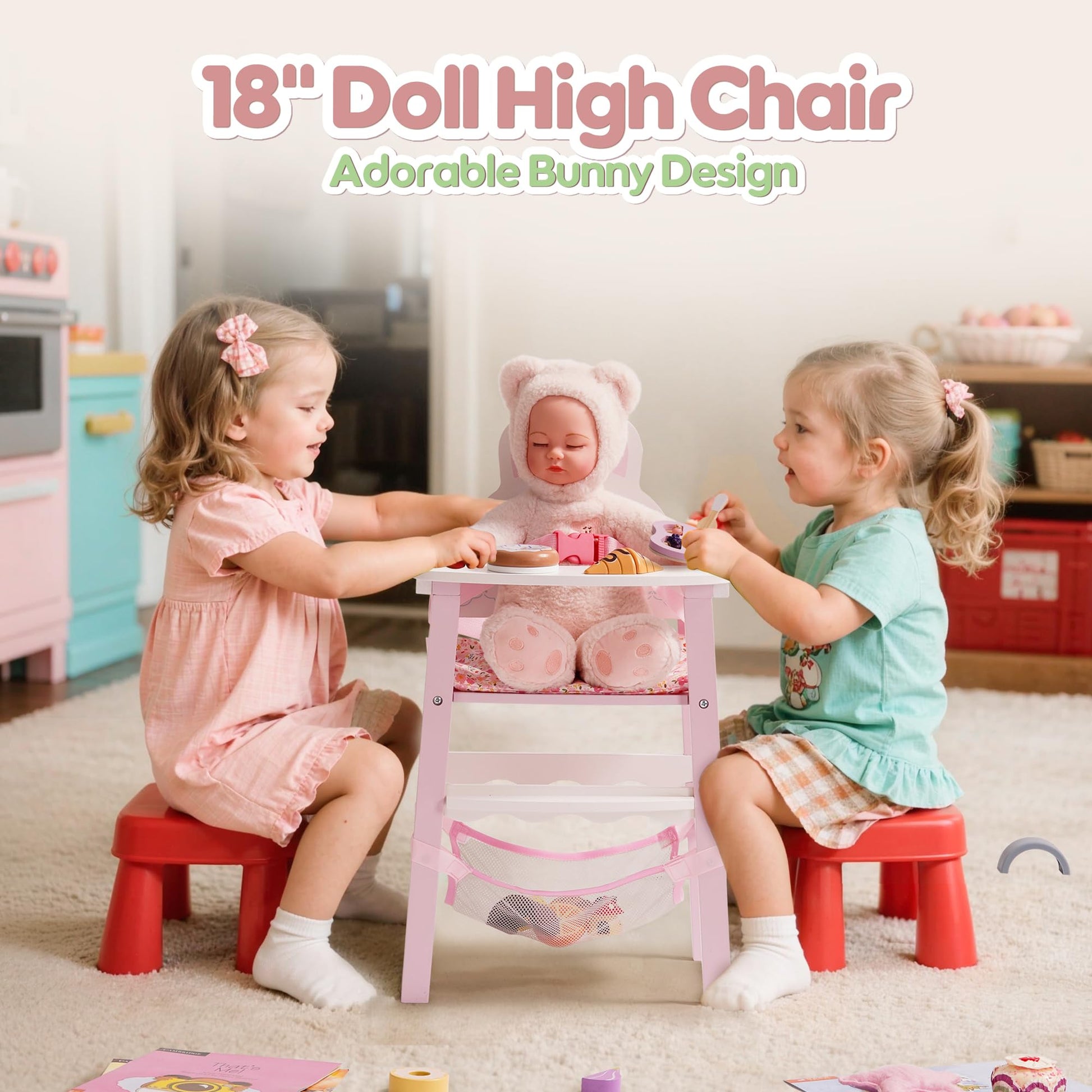 ROBOTIME Wooden Baby Doll High Chair - Pretend High Chair Toys for 18" Dolls - Doll Feeding Chair Toy with Tray - Baby Doll Furniture for Girls Ages