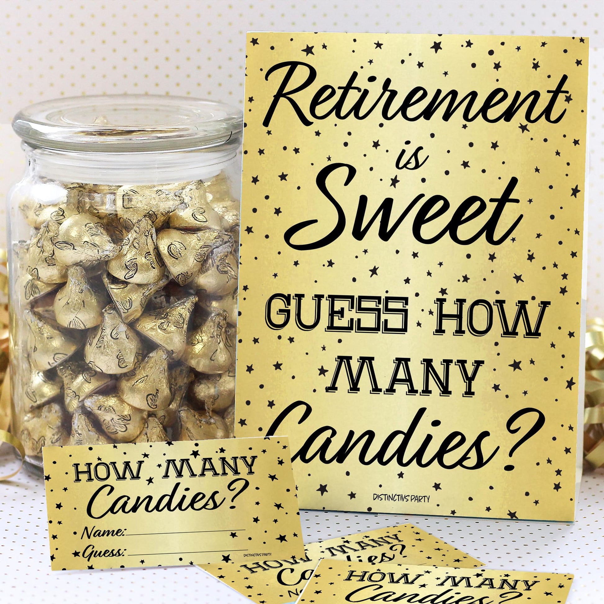 DISTINCTIVS Retirement Party Game - Guess How Many Candies in the Jar - Black and Gold Retirement Game with 5" x 7" Sign and 30 Guessing Cards