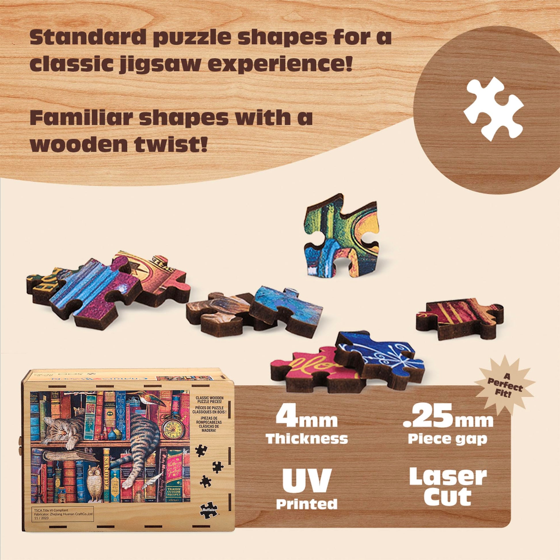 Buffalo Games - 500 Piece Wooden Jigsaw Puzzle Charles Wysocki Frederick The Literate, Unique Shaped Pieces, Giftable Wooden Box, Fabric Bag, Full