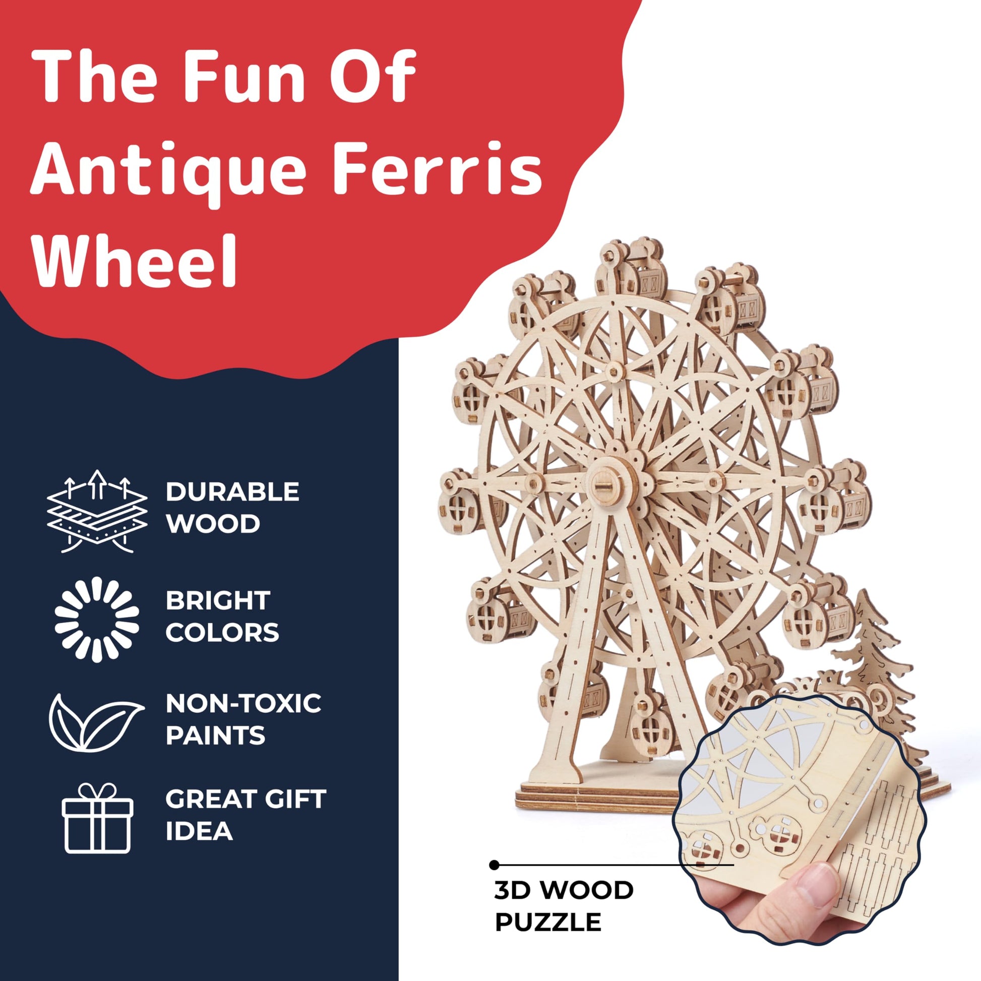 Prextex Ferris Wheel 3D Puzzle Wooden - 115 Precision Pieces Sturdy Wood - No Glue Needed for Assembly - Fun & Educational for Ages 8+ - Ideal