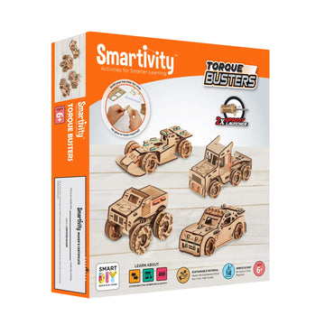 Smartivity Torque Busters 3D Wooden Car Engineering STEM Toy Building Set for Kids Ages 6 and Up, Includes Rubber Bands, Engineered Wood Components