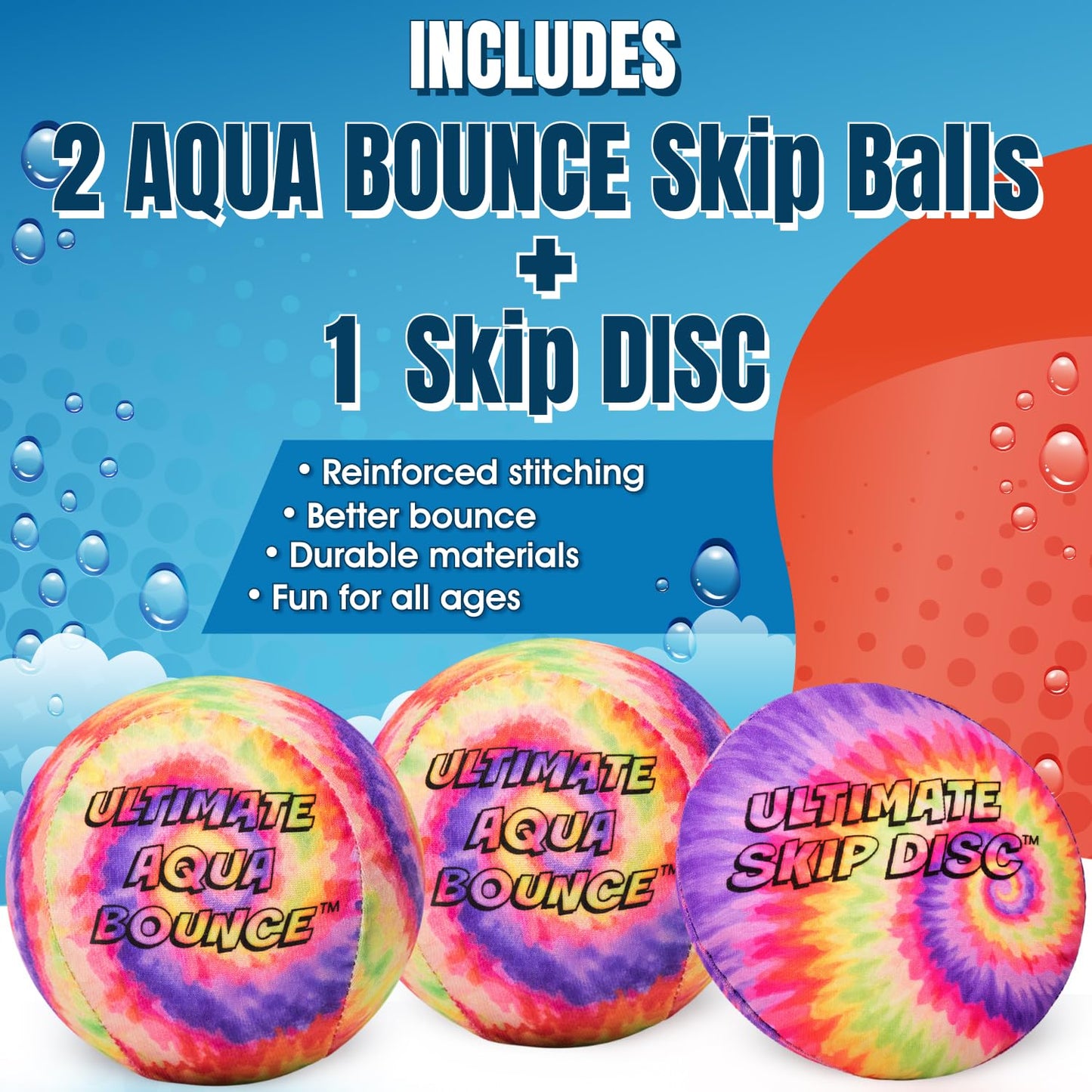 Activ Life Ultimate Skip Ball, Large 3" - 2 Water Skip Balls with 1 Skip Disc (Tie-Dye) - Water Bouncing Ball Set for Beach, Pool & Lake Games - Fun