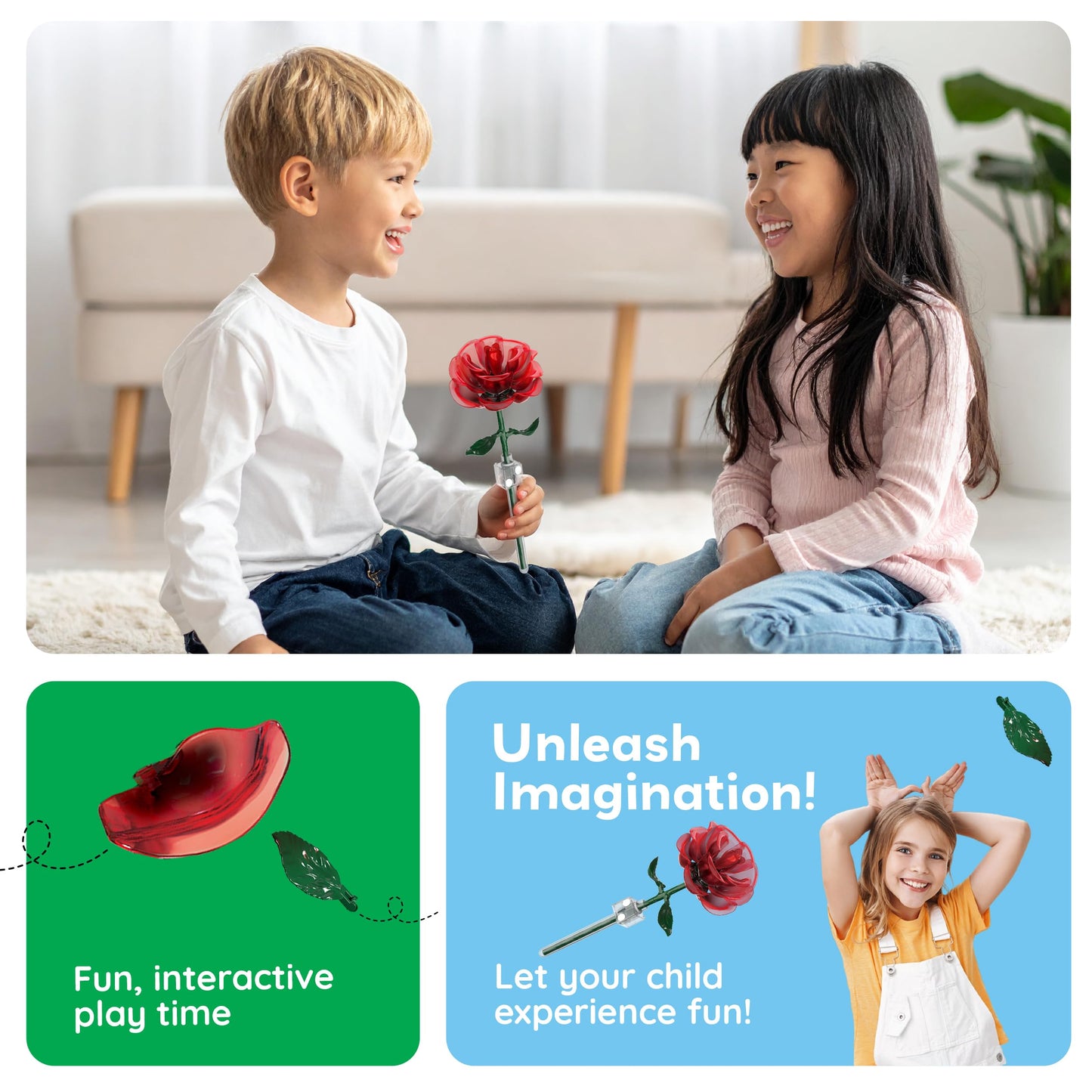 PicassoTiles Red Stem Roses Building 90pc Kit with Magnetic Hold Pieces Creative Flower Construction Toy Hands-On Play Discovery Activity Playset Kids