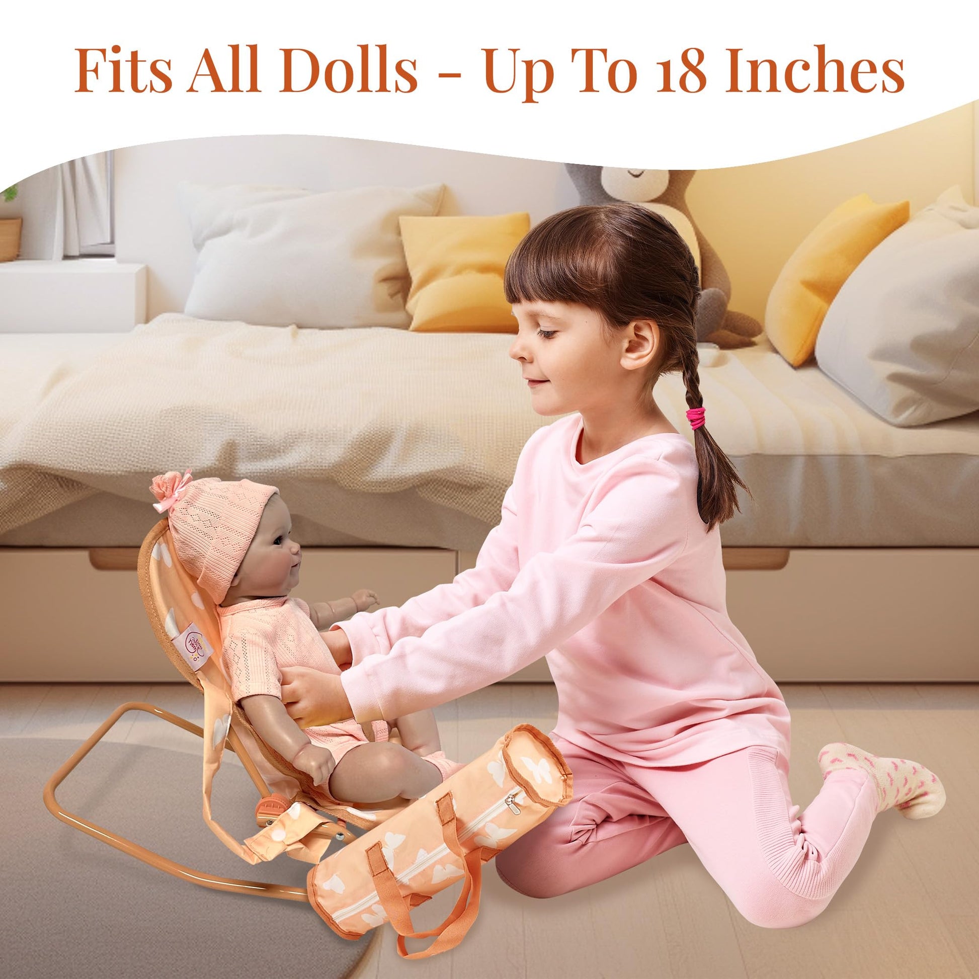 4-in-1 Baby Doll Stroller Set with Butterfly Design - Includes Toy Stroller, Crib, Bouncer & High Chair - Doll Accessories & Baby Doll Furniture Set