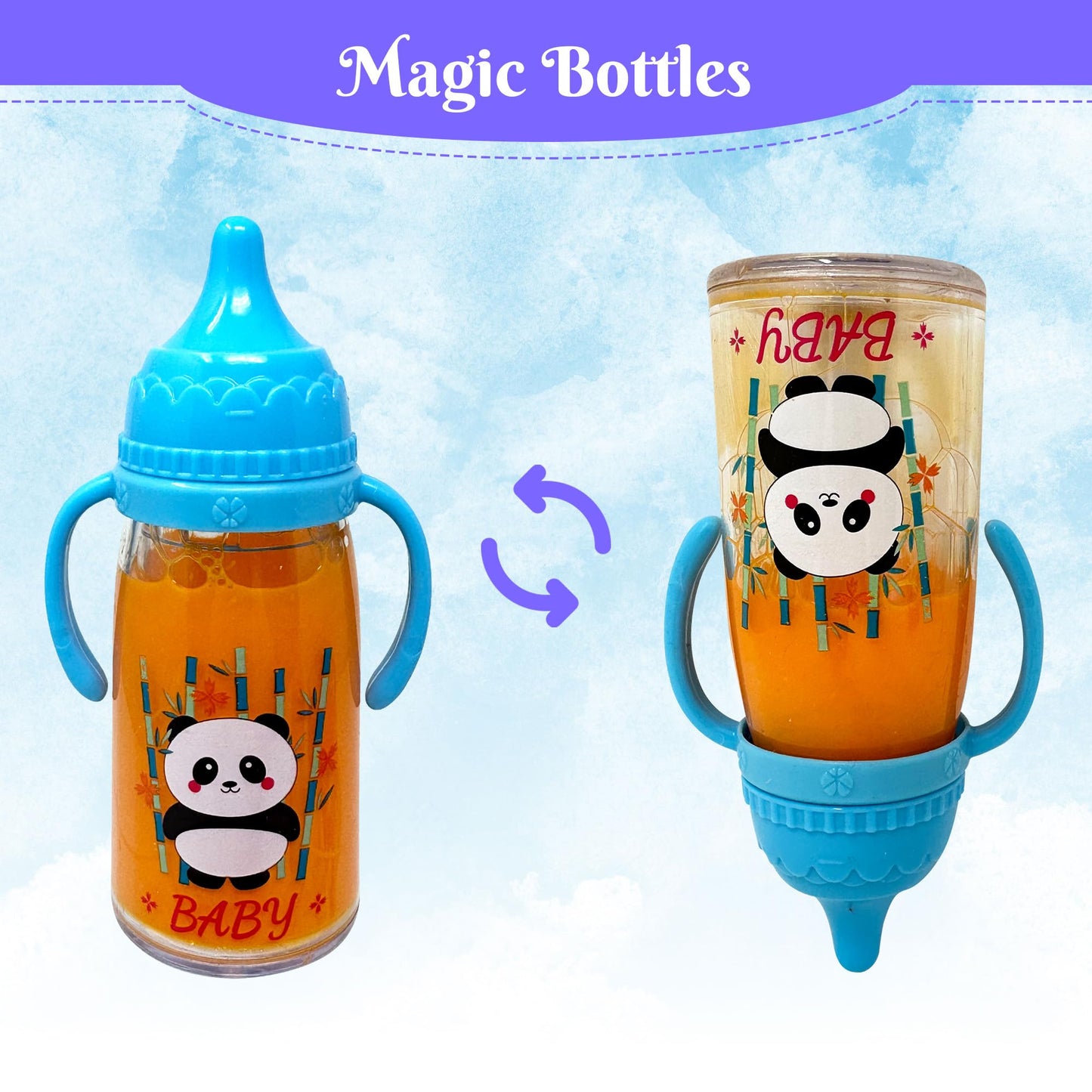 Baby Doll Bottles with Magic Disappearing Milk & Juice Playset, 6pc Pretend Baby Doll Accessories Set 4 Doll Feeding Toy Bottles and 2 Pacifiers