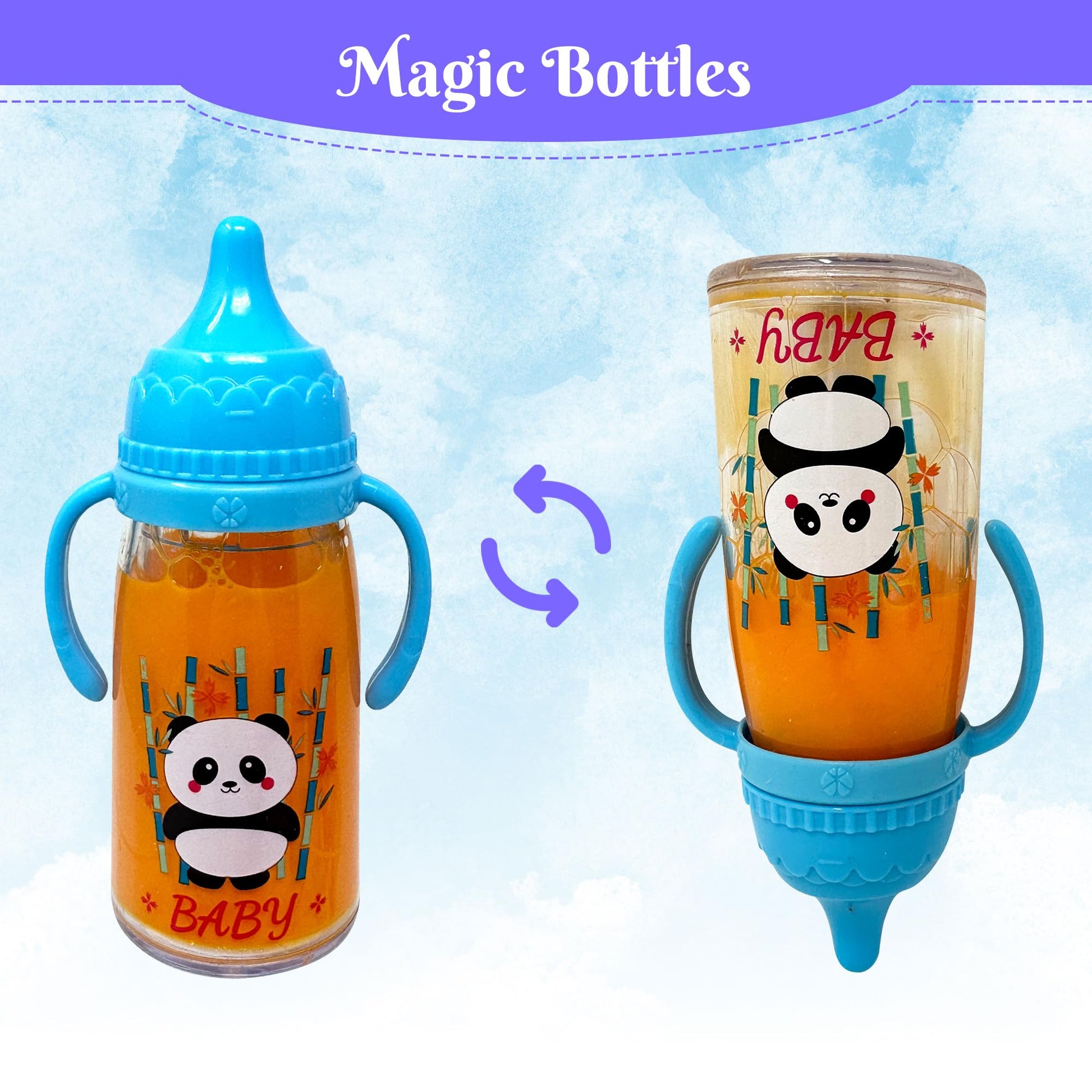 Baby Doll Bottles with Magic Disappearing Milk & Juice Playset, 6pc Pretend Baby Doll Accessories Set 4 Doll Feeding Toy Bottles and 2 Pacifiers
