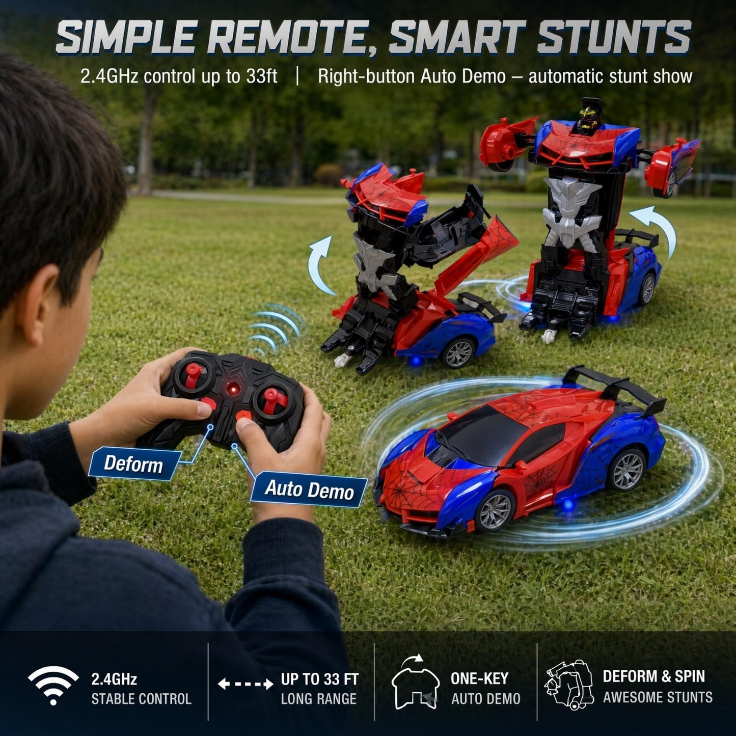 WEYFASS 2.4GHz RC Spider Car, Transforming Robot Stunt Vehicle