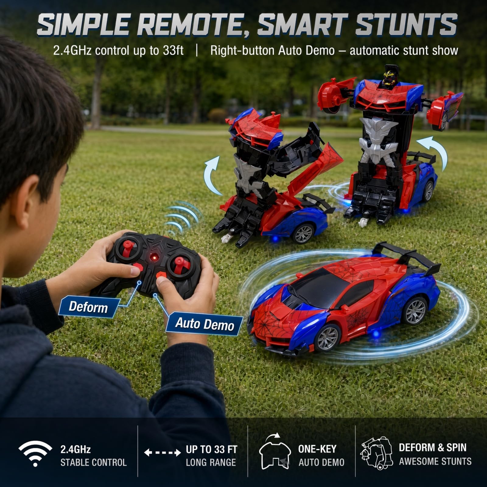 WEYFASS 2.4GHz RC Spider Car, Transforming Robot Stunt Vehicle