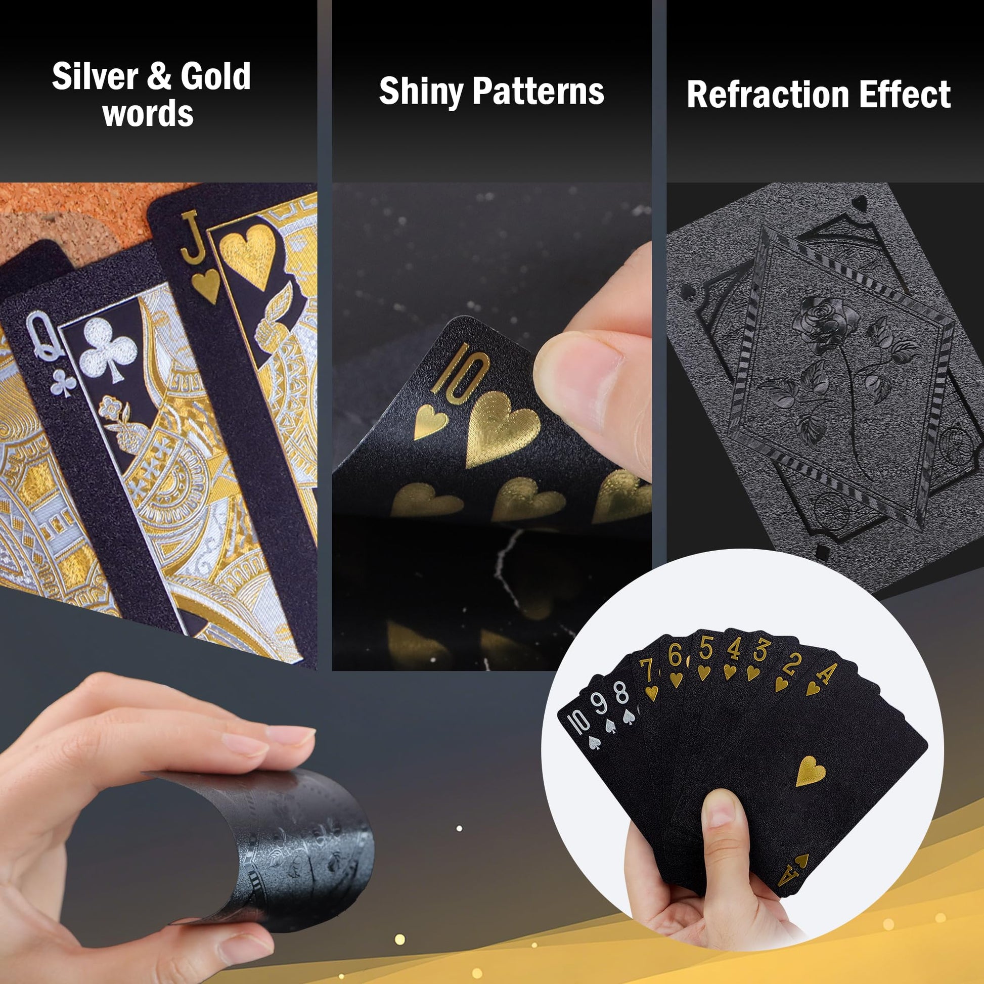 Playing Cards 2 Pack, Plastic Playing Cards, Waterproof Card, 2 Deck of Cards, Black Cool Foil Poker Card Set for Beach Table Magic Pool Camping Party