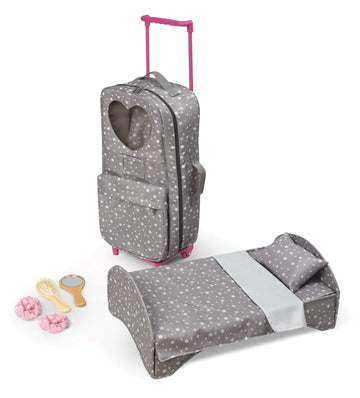 Badger Basket Travel and Tour Trolley Carrier Set for 18-Inch Dolls with Folding Bed and Accessories - Gray Stars