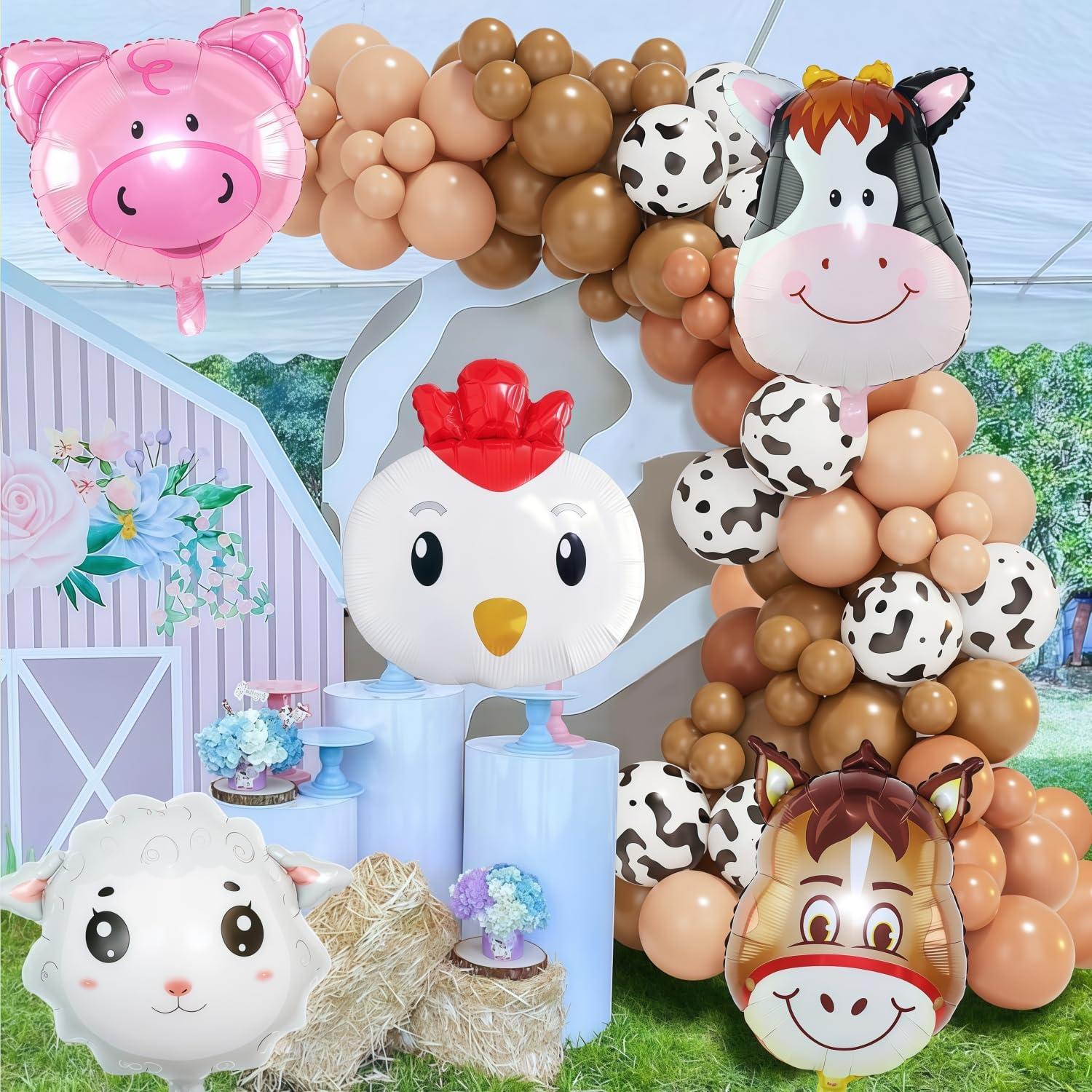 XLENGO 5 PCS Farm Animal Balloons, Cow Donkey Sheep Pig Chicken Foil Mylar Balloon for Baby Shower Farm Birthday Party Decorations Supplies