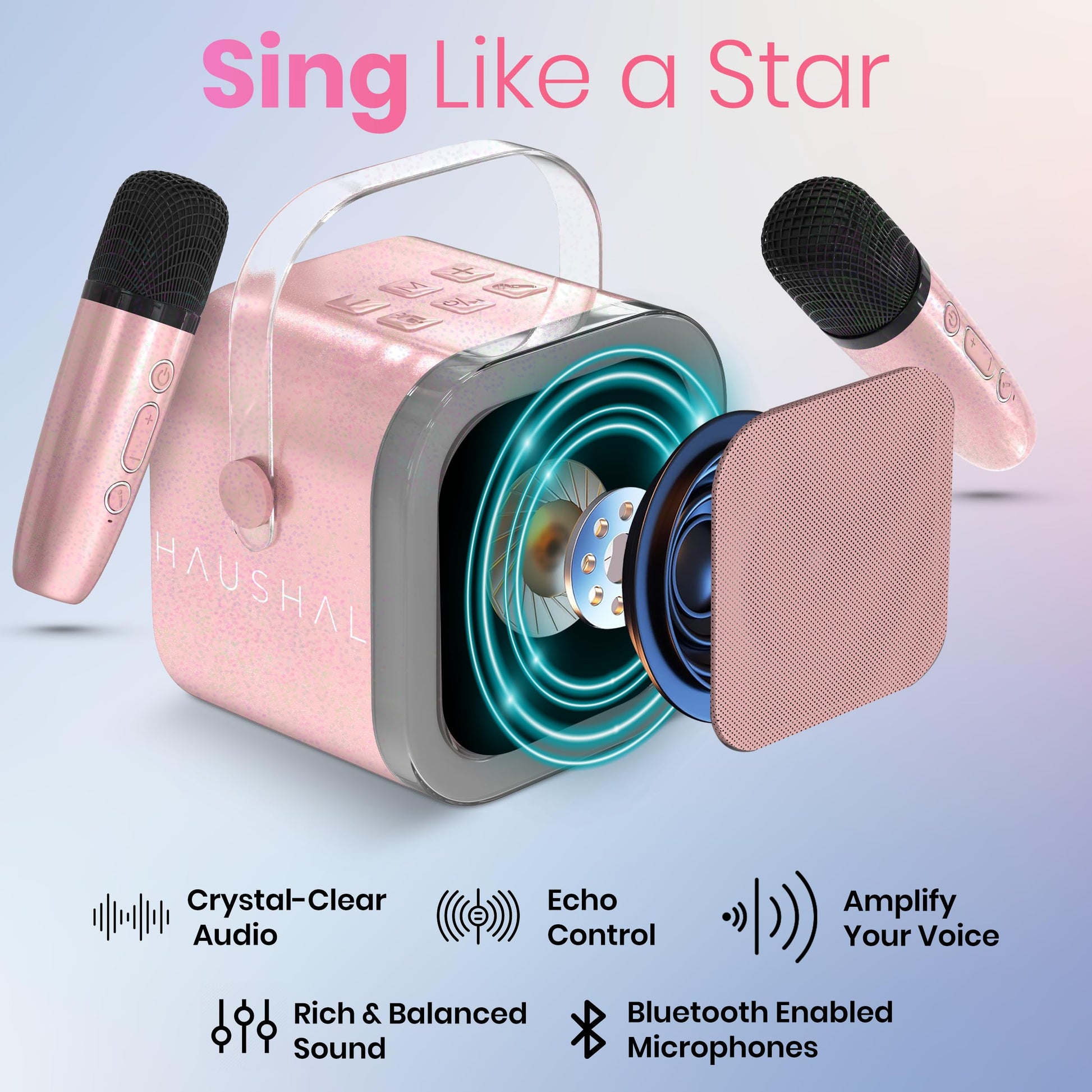 HAUSHALT Mini Karaoke Machine for Kids Adults Teen with 2 Wireless Microphones, Gifts for Girl, Toys for Girls 6-8, Small Portable Bluetooth Speaker