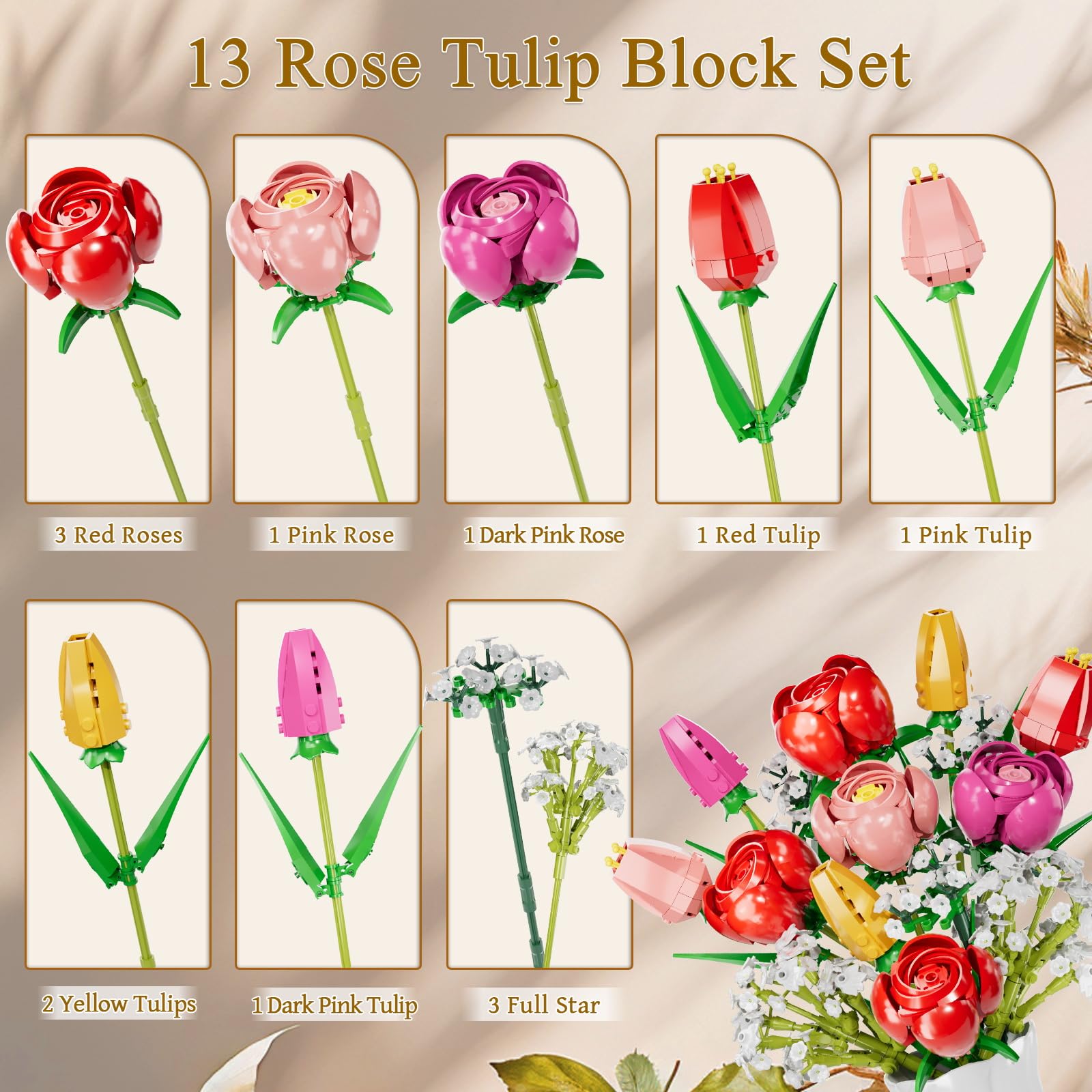 GoStock Flower Bouquet Building Set, Rose Home Plant Decor, Artificial Flowers Botanical Collection Block Toy for Valentine Birthday Gifts Adults