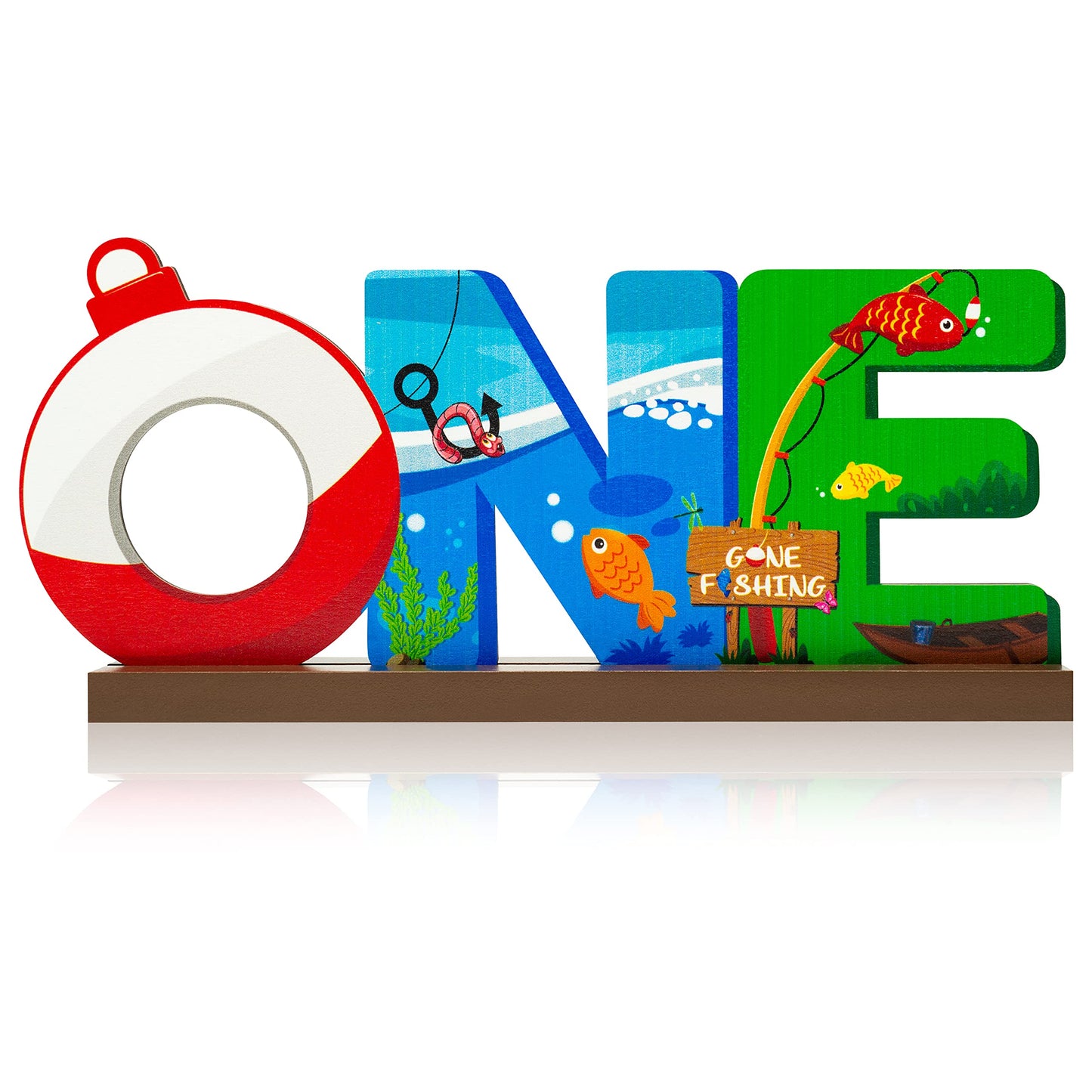 Haooryx Fishing One Table Wooden Centerpiece - One Year Old Baby Boys Birthday Party Letter Sign Table Decoration Summer Fishing Theme Party Supplies