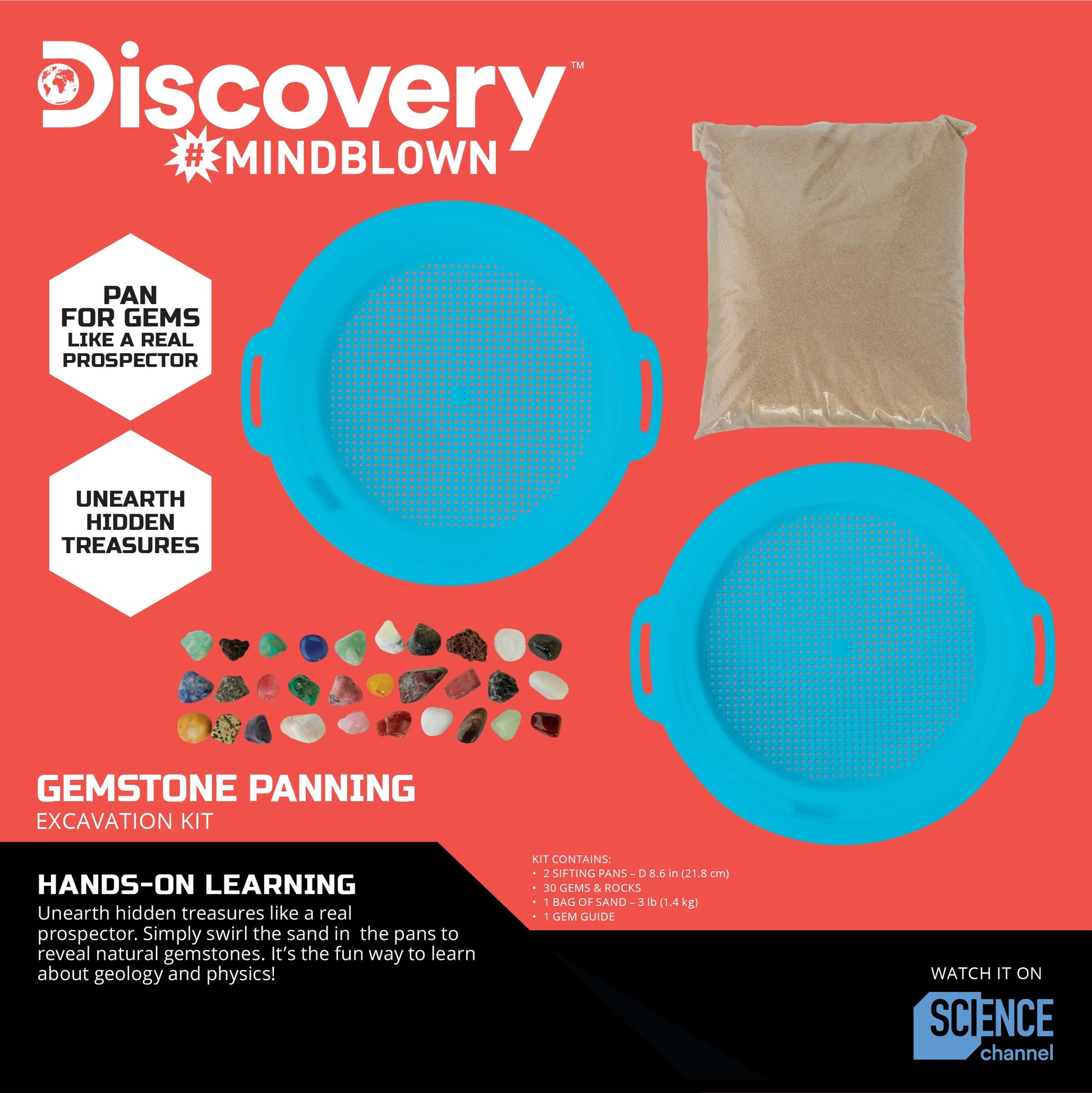 Discovery™ Gemstone Panning STEM Kit - Pan for 30 Real Gems| 2 Sifting Pans, Sand & Learning Guide| Educational Science Activity for Kids| Geology