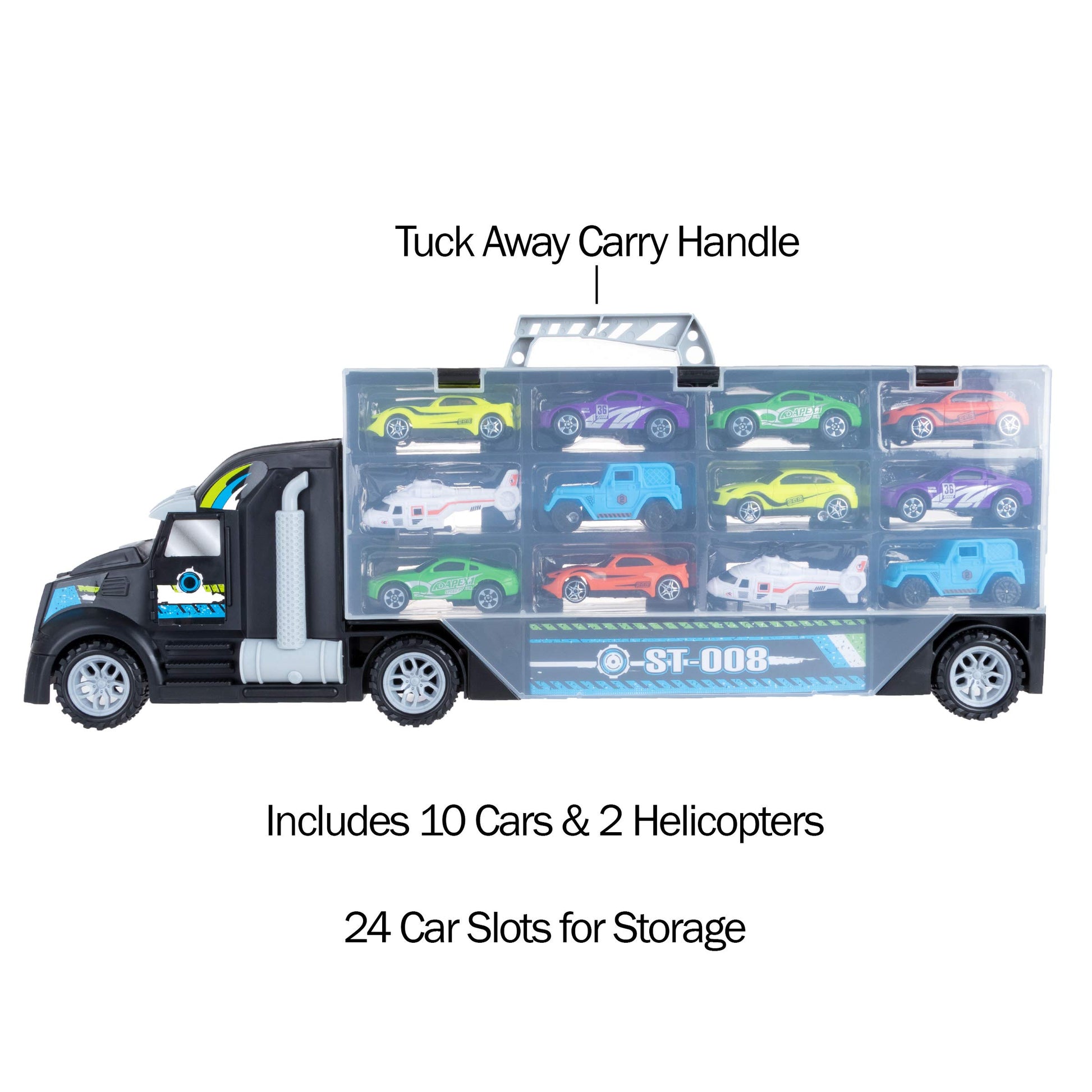 HEY! PLAY! Car Carrier Semi-Truck Toy - 2-Sided Trailer Holds 24 Vehicles - Includes 10 Cars, 2 Helicopters, Carry Handle, and Storage Case (Black)
