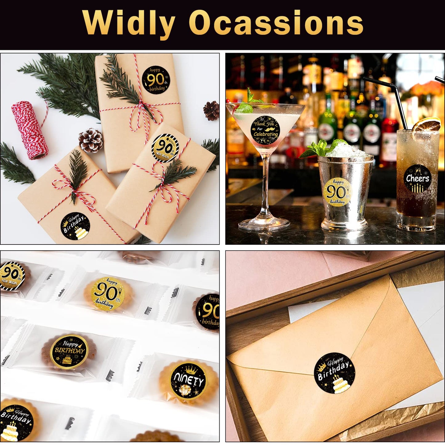 600 PCS 1.5 Inch Happy 90th Birthday Roll Stickers, 8 Different Design Black Gold Happy 90th Birthday Round Labels Birthday Party Favor Anniversary