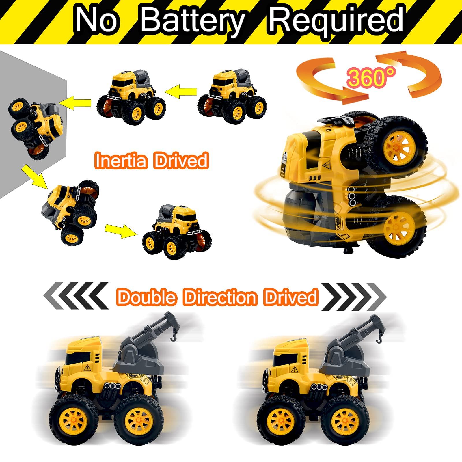 Construction Truck Toys for Boys - 4 Pack Excavator, Mixer, Crane, Dump Trucks Push and Go Friction Powered Cars Monster Trucks Toy for Kids Birthday