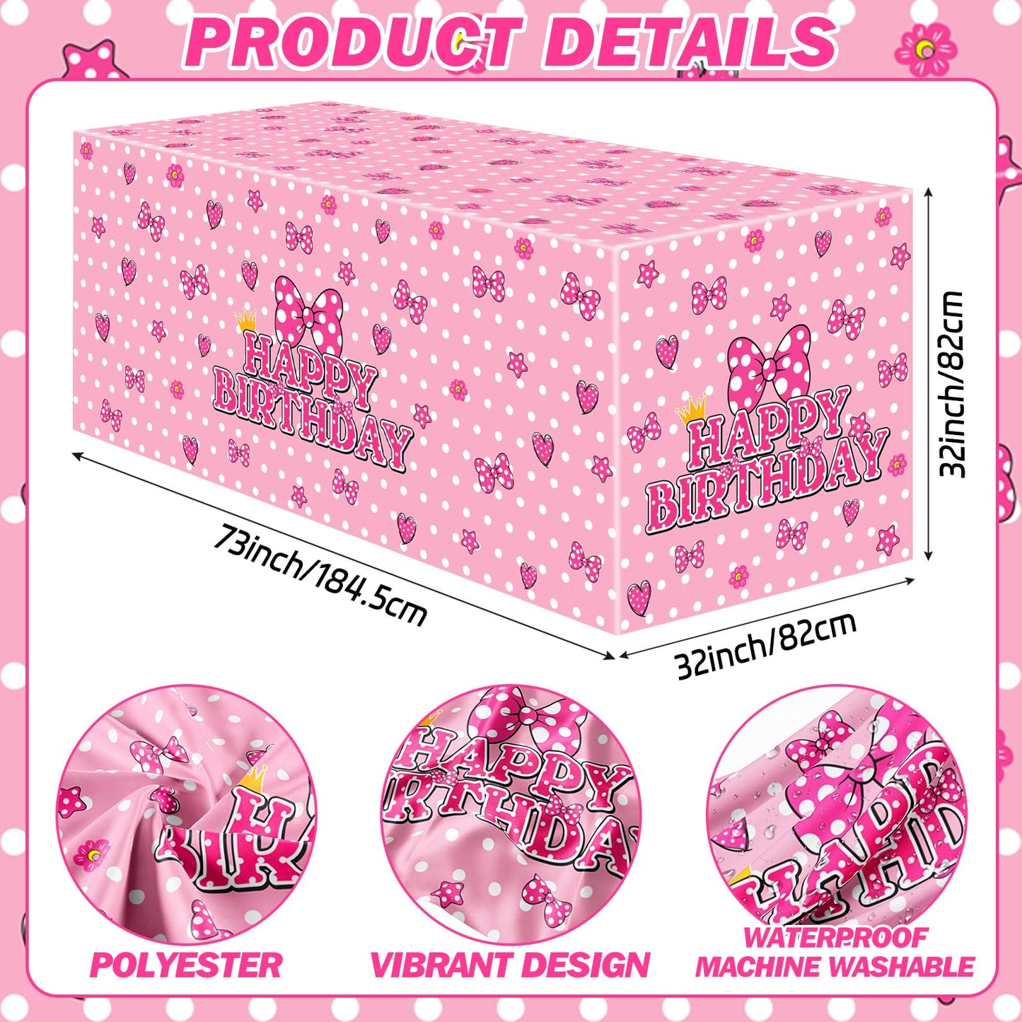 KMZFPYJ 6Ft Pink Bow Birthday Party Tablecloth, Cute Mouse Bow Party Decorations, Bow Table Cloth for Kids Girls Pink Mouse Theme Party Decorations