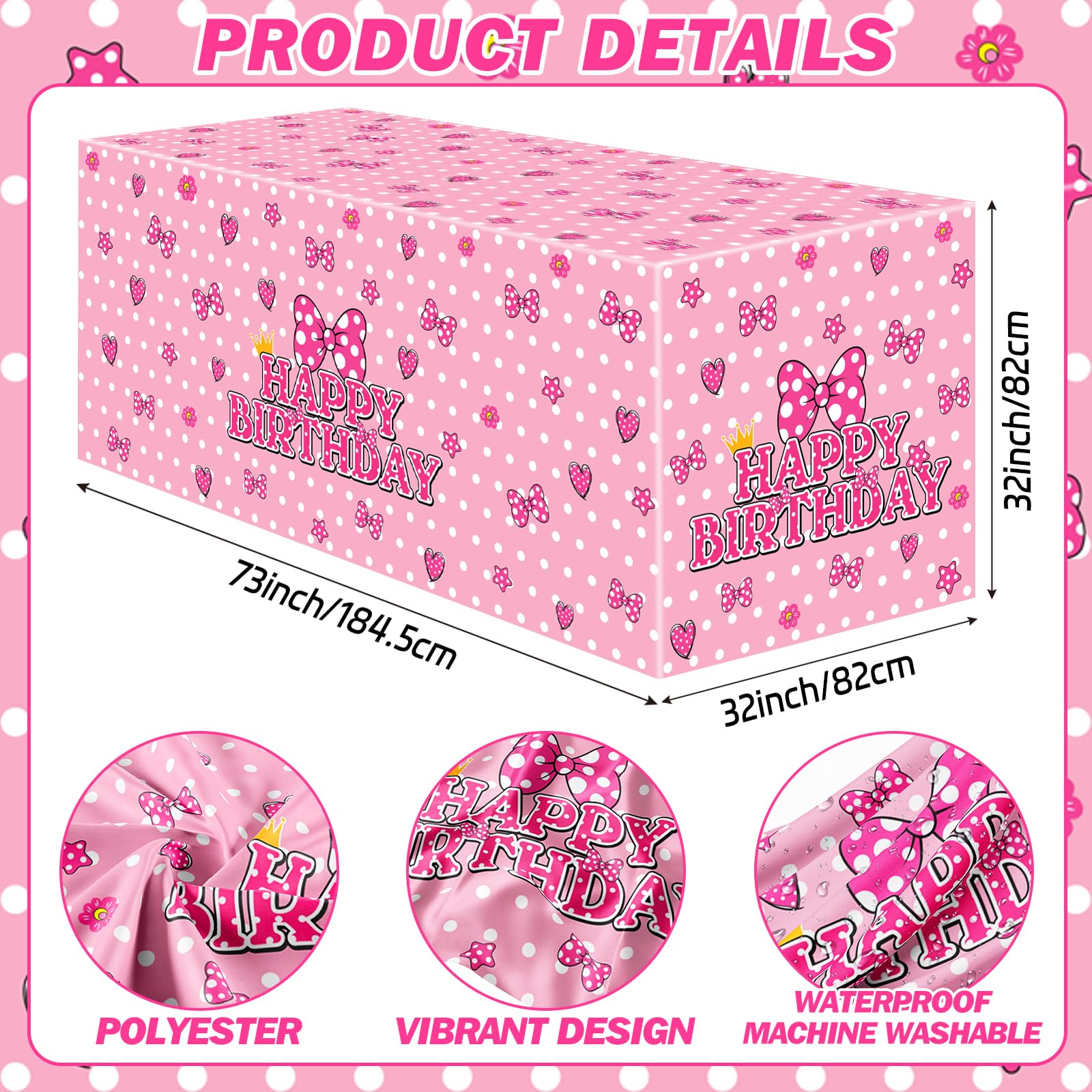 KMZFPYJ 6Ft Pink Bow Birthday Party Tablecloth, Cute Mouse Bow Party Decorations, Bow Table Cloth for Kids Girls Pink Mouse Theme Party Decorations
