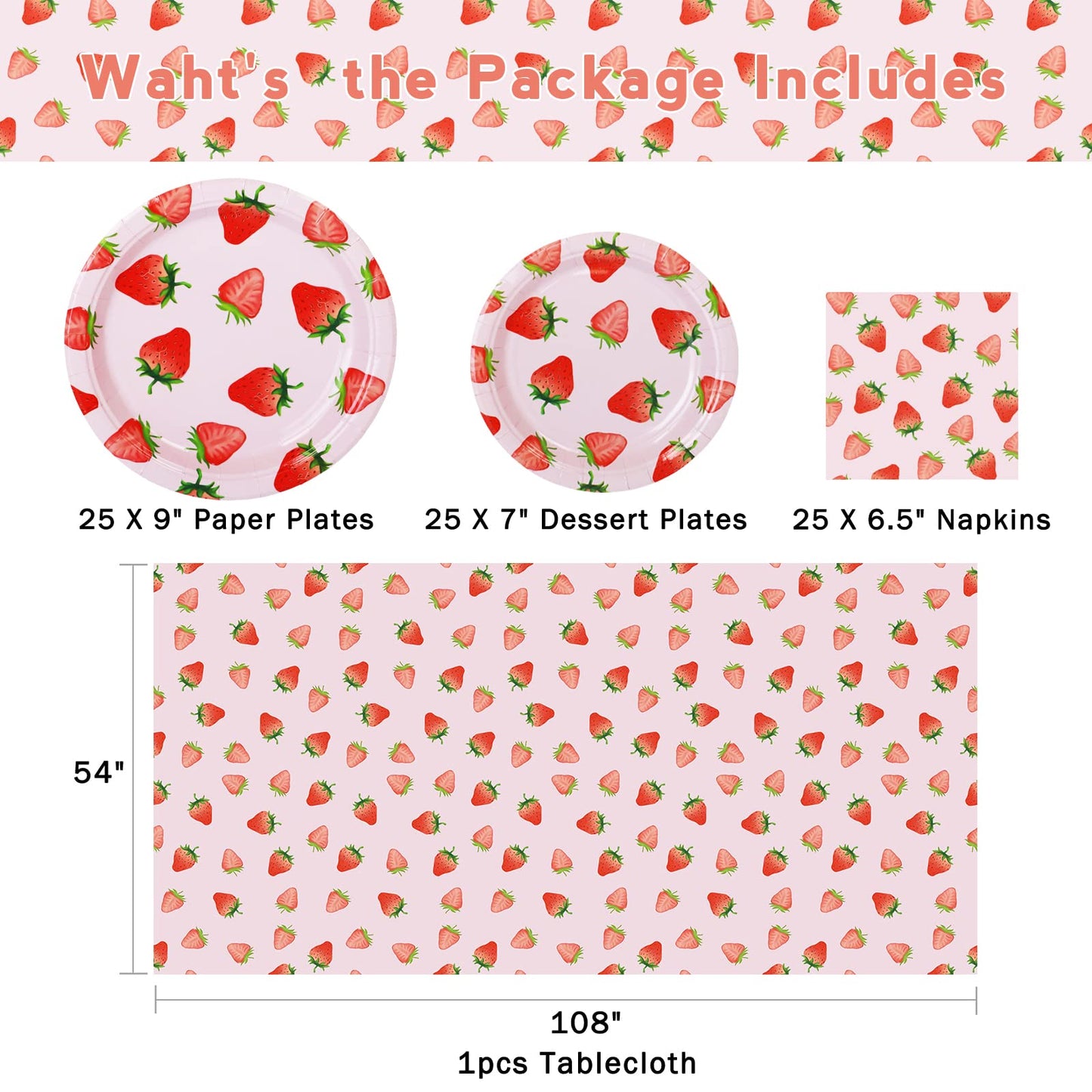 Strawberry Party Tableware Set,Strawberry Birthday Decoration,Summer Fruit Party Supplies Paper Plates Napkins Tablecloth for 25 Guests Great