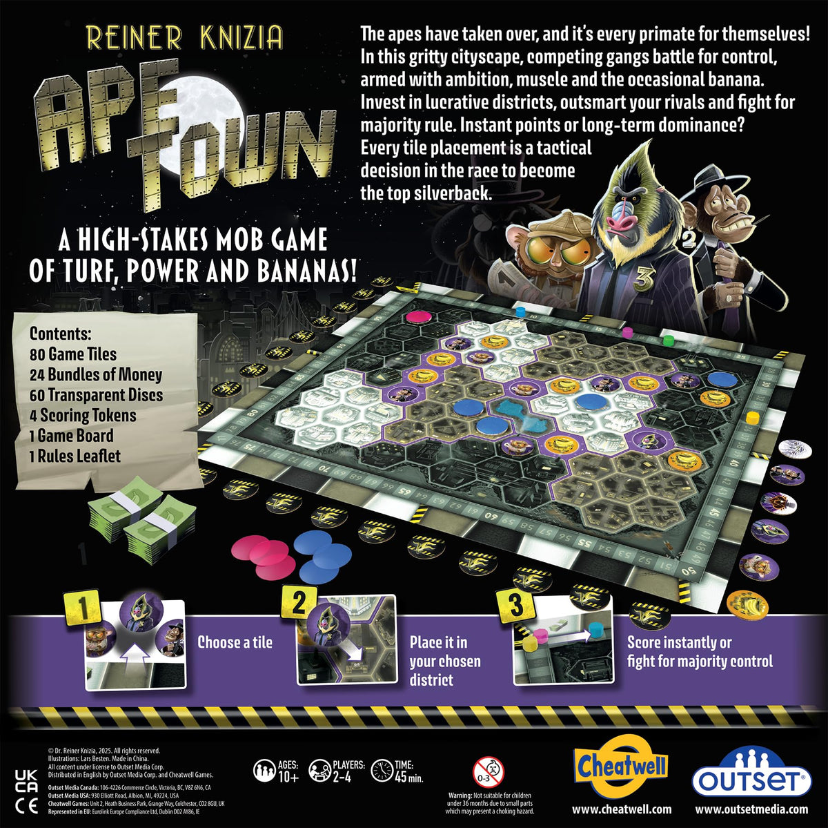 Ape Town by Reiner Knizia - for 2 to 4 Players Ages 10+ - Area Control Tile Laying Board Game
