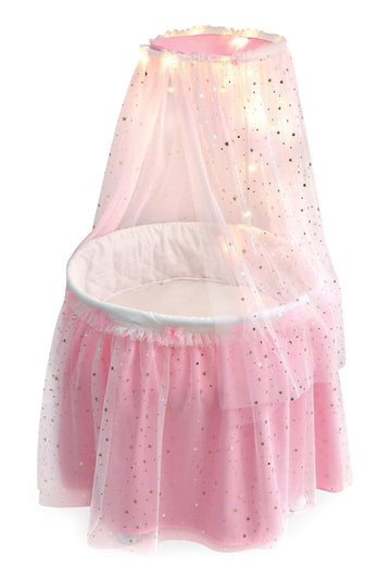 Badger Basket Enchanting Sweet Dreams Round Doll Bassinet with Canopy and LED Lights for 18-Inch Dolls - A Magical Sleeping Space
