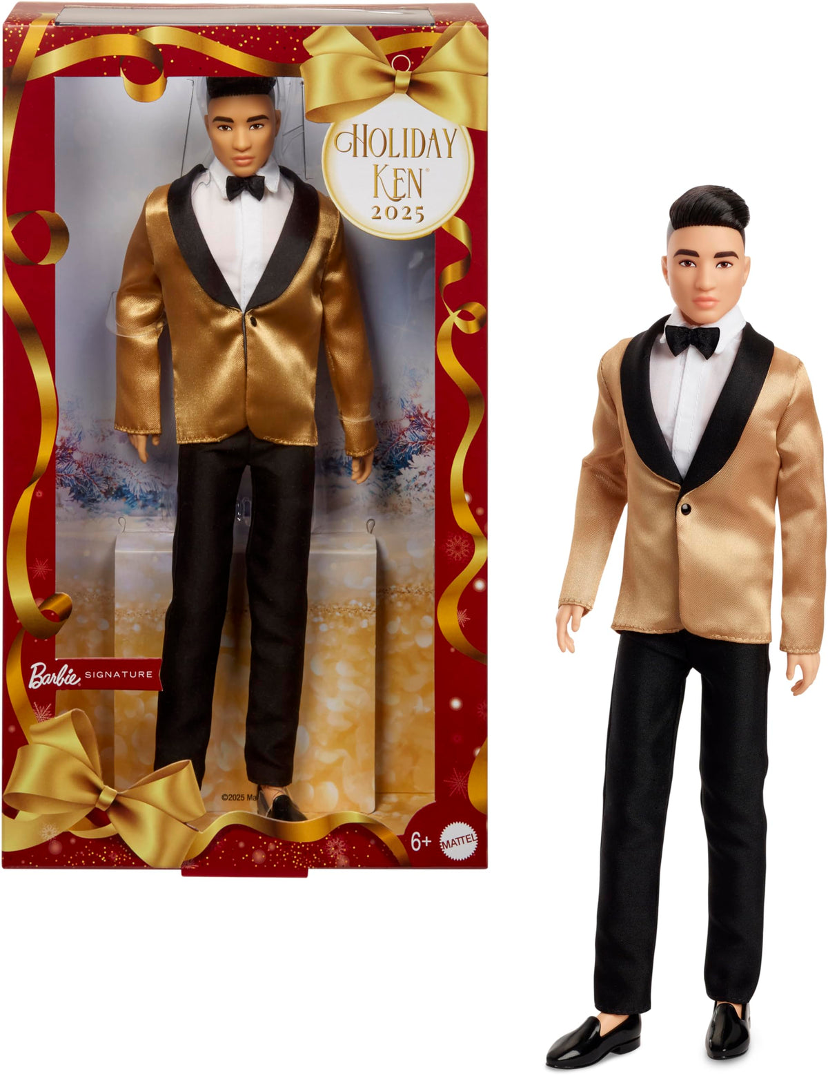 Barbie Signature 2025 Holiday Black Hair Ken Collectible Fashion Doll Wearing Full Suit with Golden Jacket in Displayable Packaging & Doll Stand