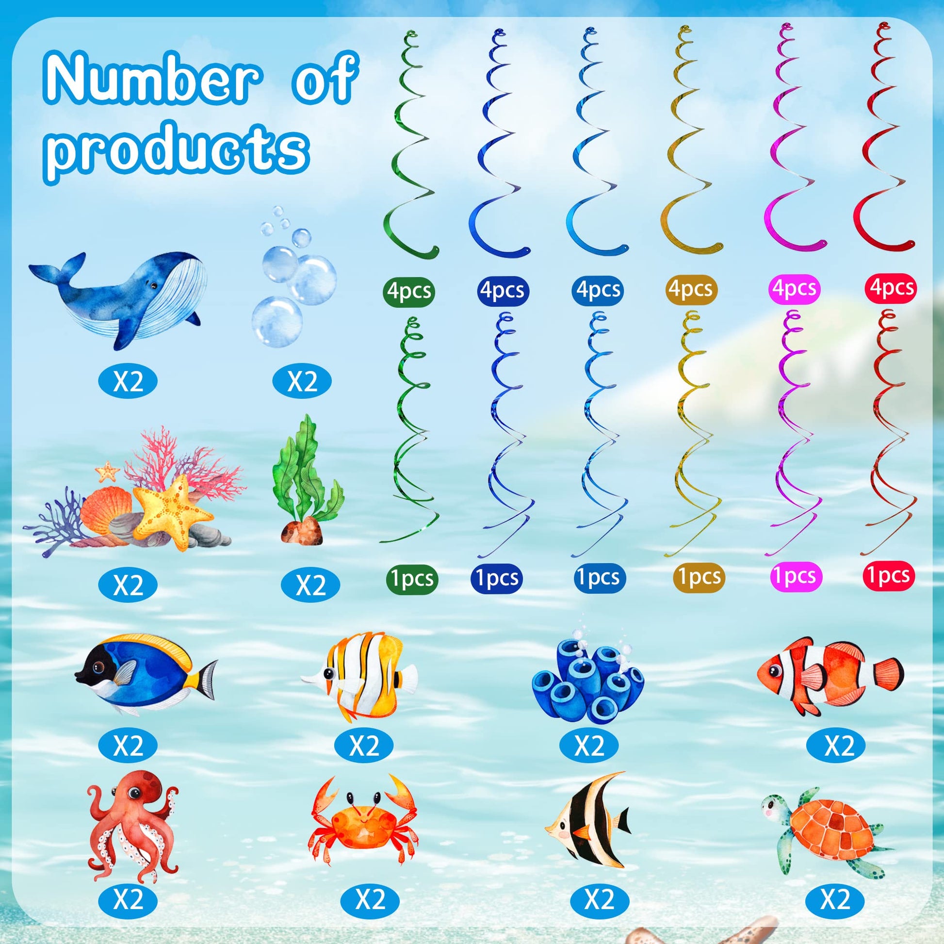 54 Pcs Under The Sea Party Decorations Ceiling Hanging Swirls Ocean Party Decorations Sea Animals Fish Themed Party Supplies Baby Shower Mermaid