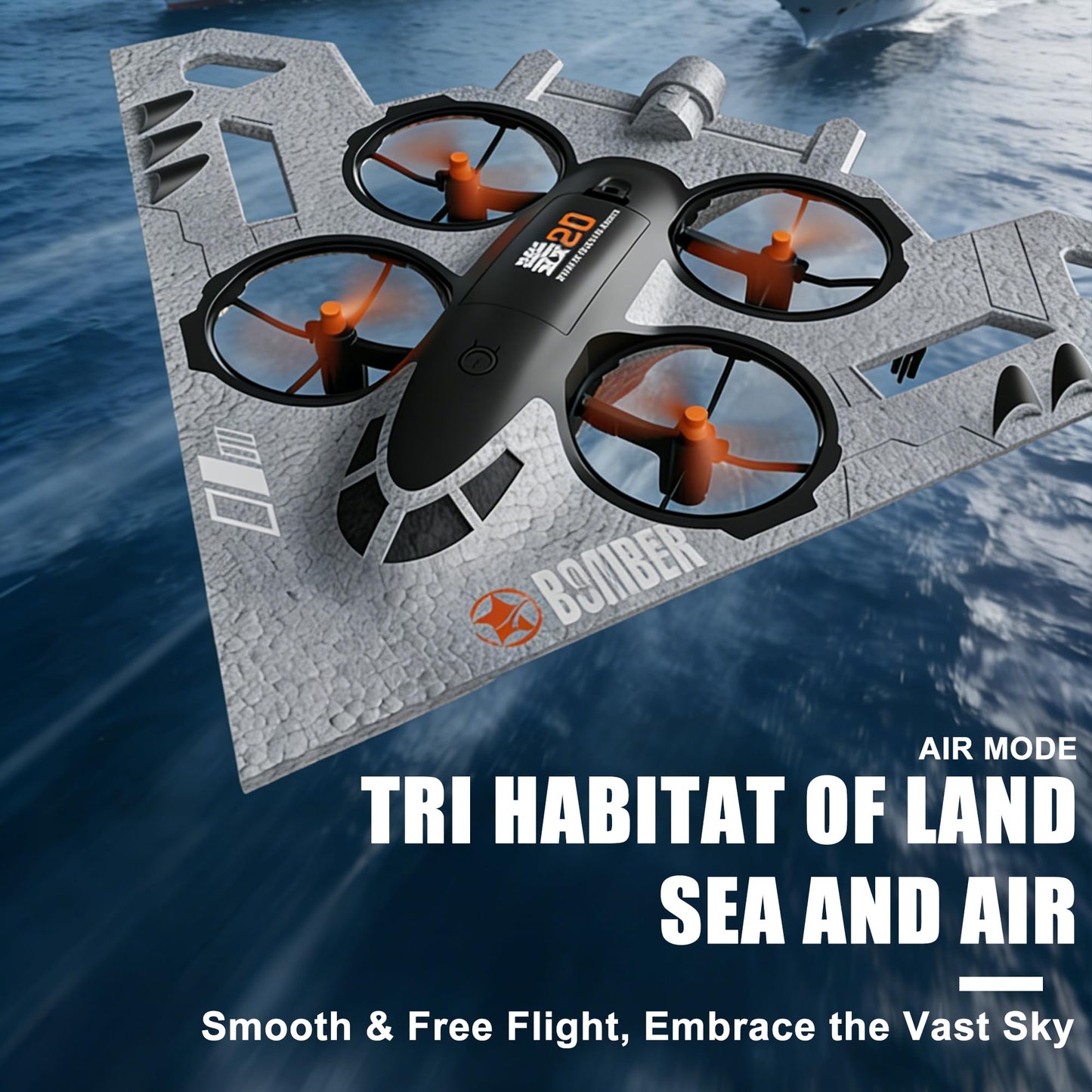 Virellia 3-in-1 RC Drone for Land Sea Air, H20 Remote Control Bomber RC Airplane with Cool Lights, 360° Flip, 3 Driving Mode and Collision Protection