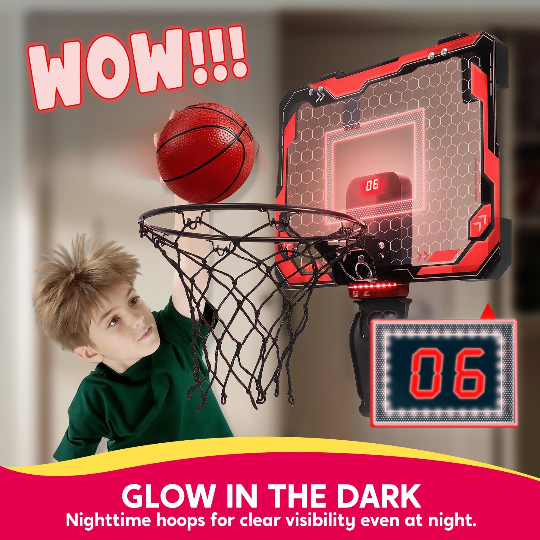 SYNCFUN Mini Basketball Hoop Over The Door, LED Indoor Basketball Hoop for Kids with Scoreboard & 4 Balls, Basket Ball Game Toys Gifts for Boys Ages 3