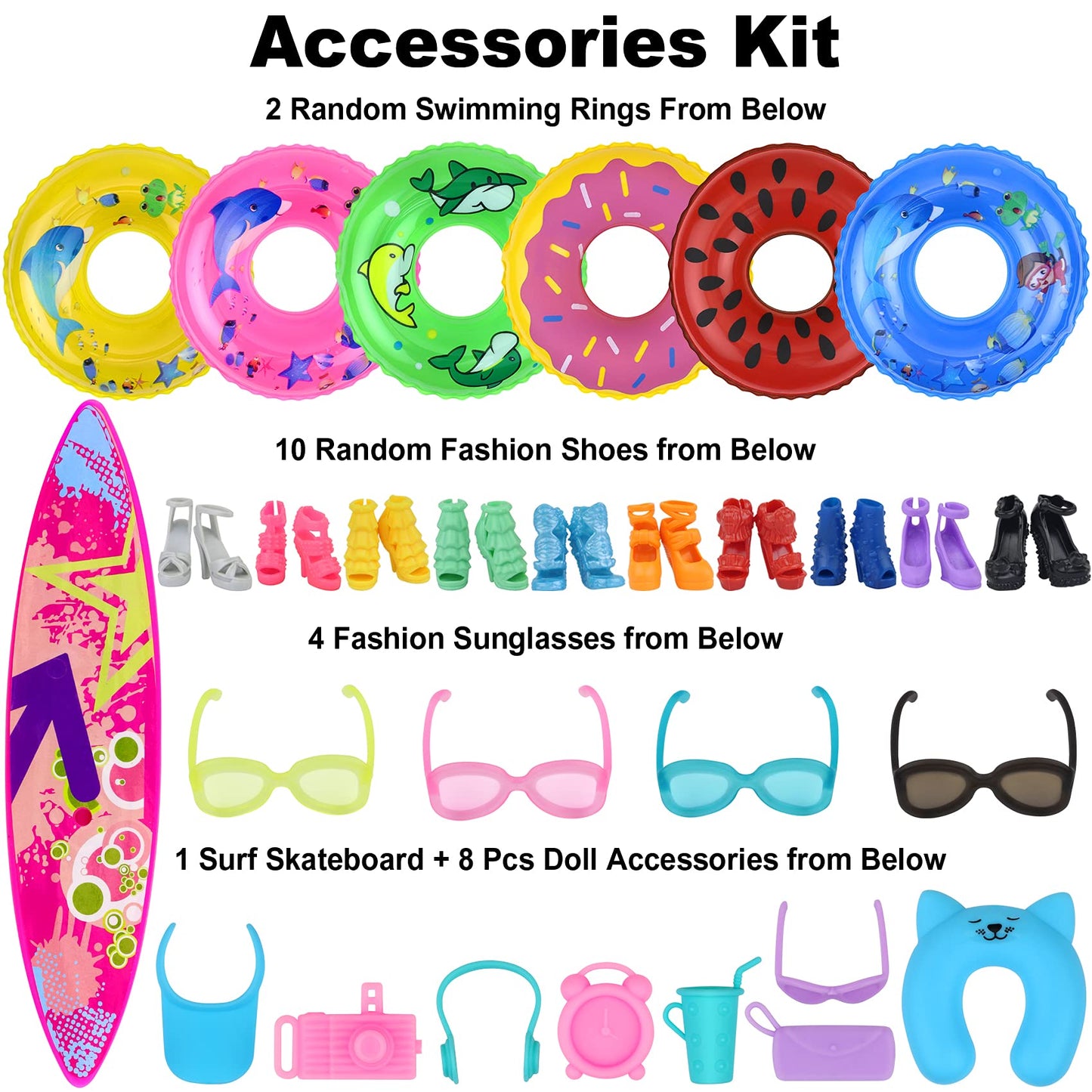 Ecore Fun 35 PCS Doll Clothes Swimwear Beach Bathing Kit Including 10 Bikini Swimsuit 2 Swimming Ring 4 Fashion Glasses 10 Pairs Shoes 1 Surf