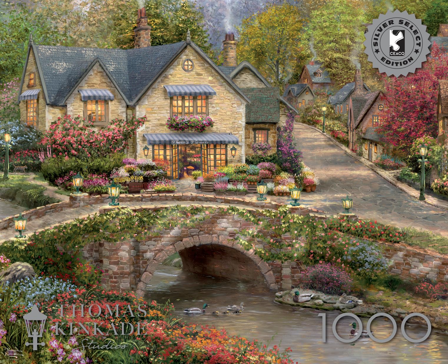 Buffalo Games Thomas Kinkade Summer in Cobblestone Village 1000 Piece Puzzle - Silver Select Premium Jigsaw Puzzle with Foil Accents & Reference
