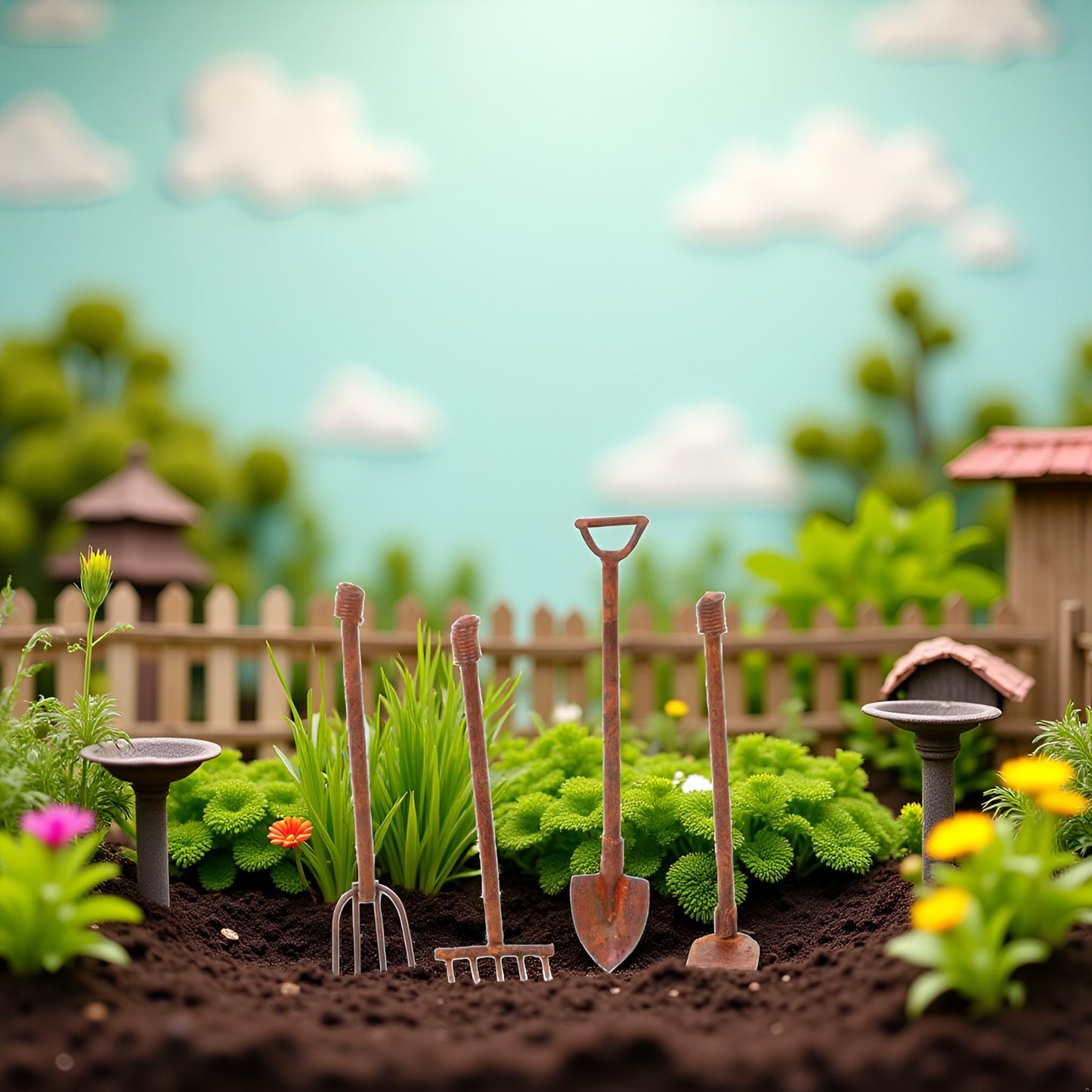 4 Pcs/Set Miniature Dollhouse Garden Tools 1:12 Mini Rusty Shovel Hoe and Pitchfork Fairy Garden Accessories Furniture Ornaments Micro Landscape Decor