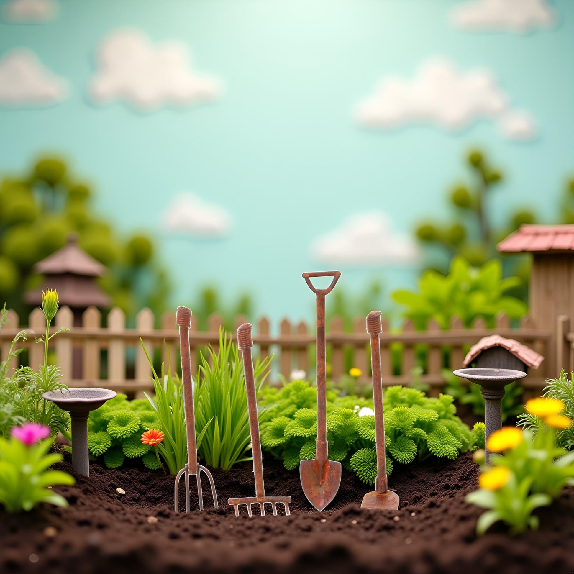 4 Pcs/Set Miniature Dollhouse Garden Tools 1:12 Mini Rusty Shovel Hoe and Pitchfork Fairy Garden Accessories Furniture Ornaments Micro Landscape Decor