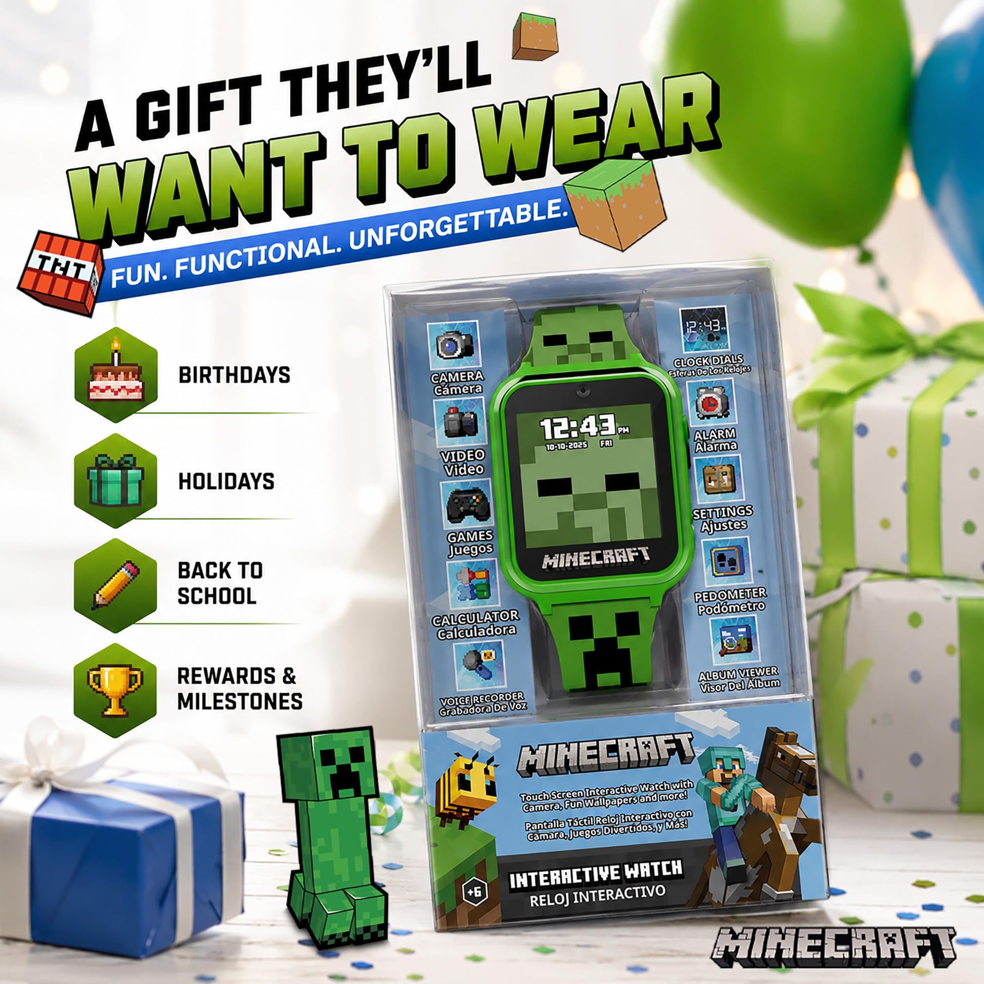 Minecraft Kids Smartwatch - Interactive LED Screen Watch with 10 Custom Watch Faces, Games, Camera, Alarm, Step Tracker & More - Fun Tech Gift