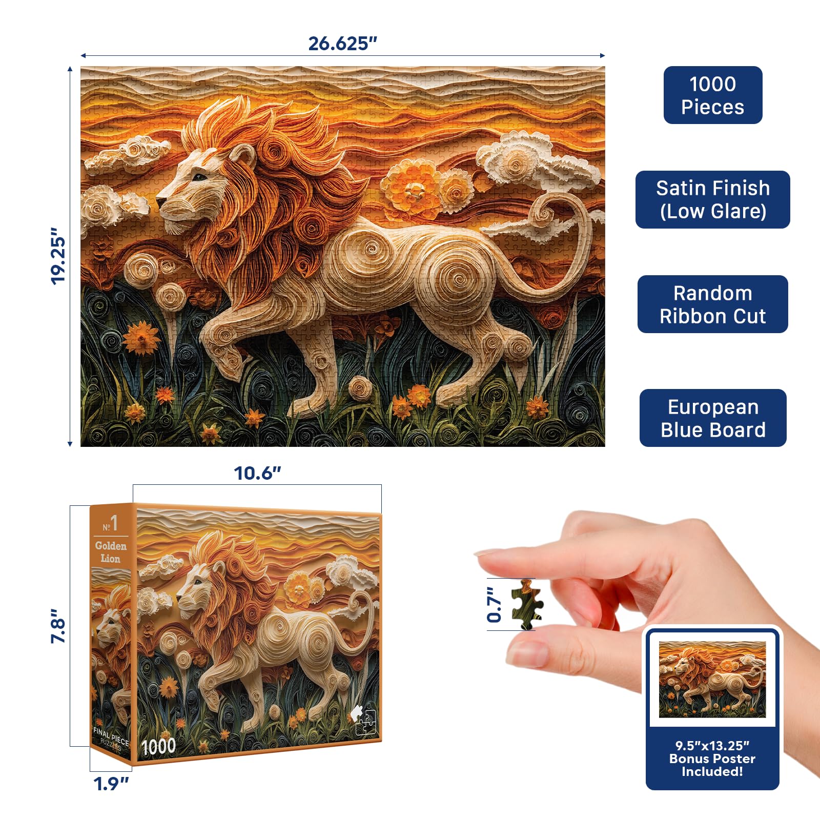 Golden Lion (#1) - 1000 Piece Jigsaw Puzzle for Adults | Premium European Blue Board | Satin Low-Glare Finish | Ribbon Cut | Bonus Poster |
