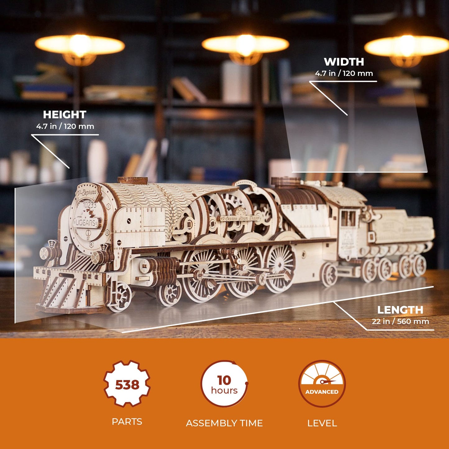 UGEARS V-Express Steam Train with Tender 3D Wooden Puzzles for Adults - Wooden Model Kits for Adults Model Train Steam Engine Kit Brain Teaser, Hobby