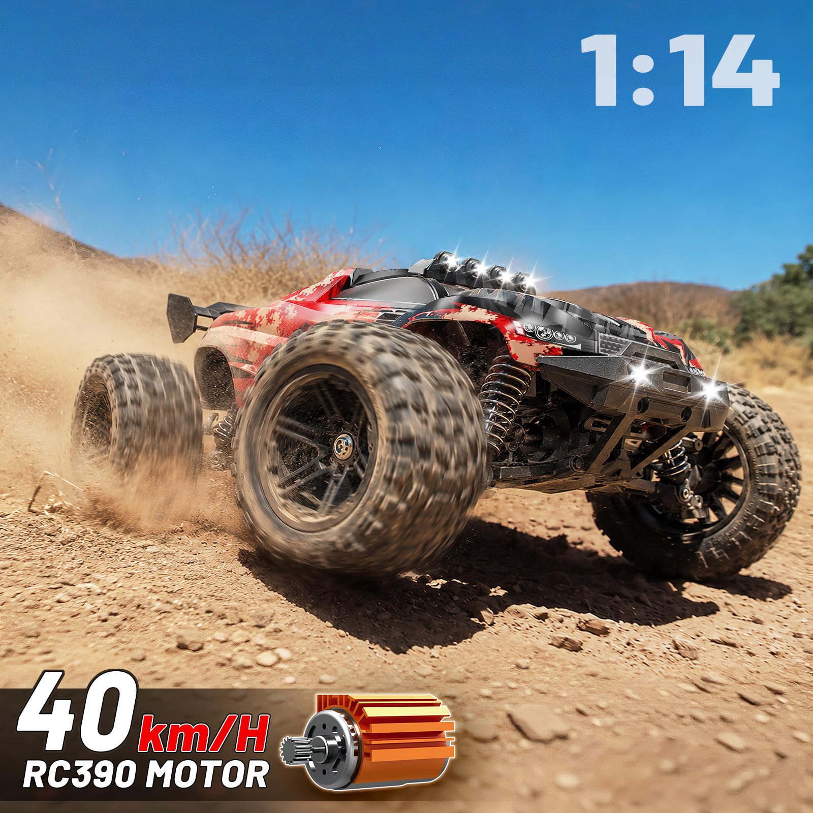 YESHIN 1:14 Scale All Terrain RC Cars - 40km/h High Speed Remote Control Car, 4X4 Waterproof Off-Road Truck with 2 Rechargeable Batteries, Realistic