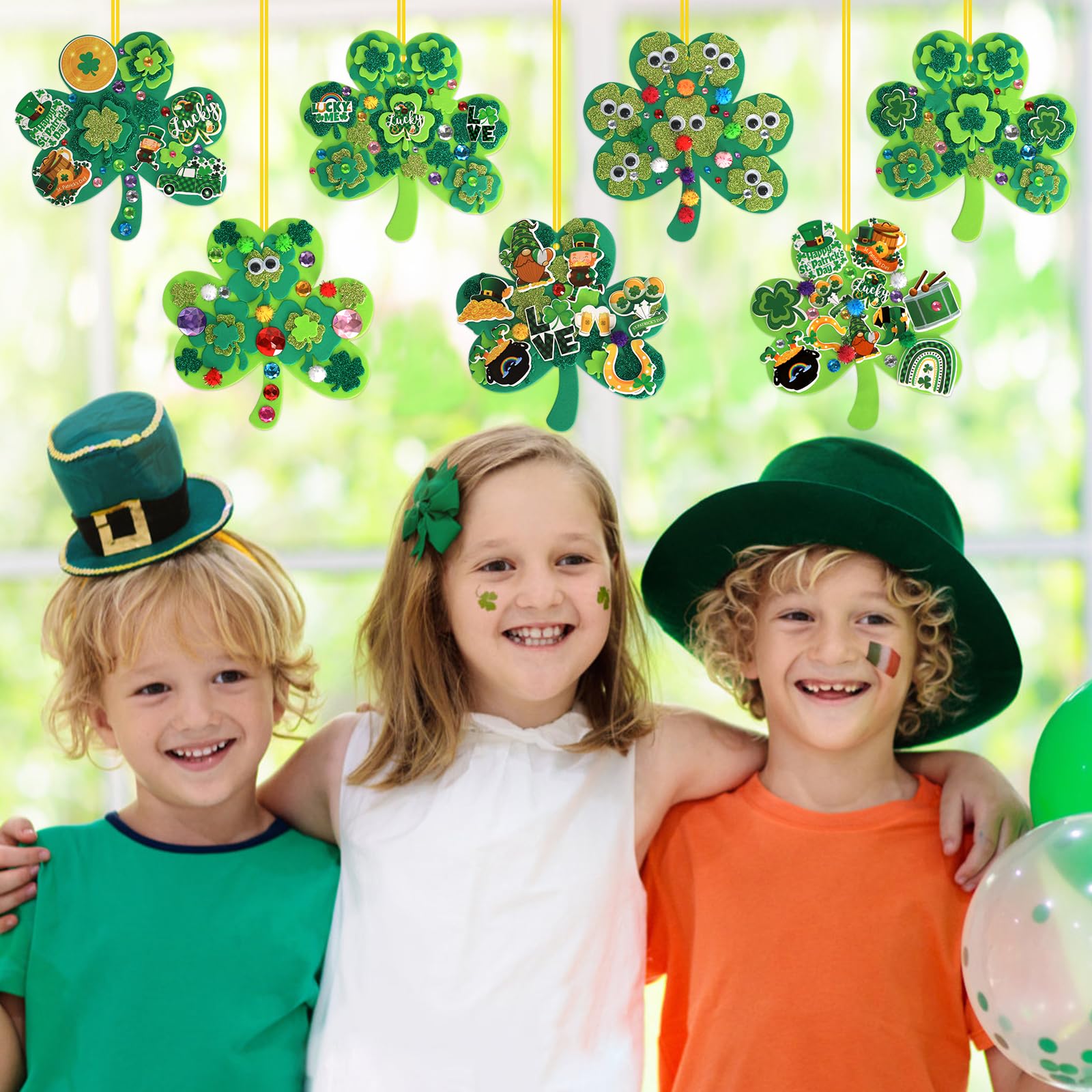 Openfly 24 Sets St. Patrick's Day Shamrock Ornaments DIY St. Patrick's Day Foam Craft Kit Irish Clover Shamrock Foam Stickers Self-Adhesive Craft