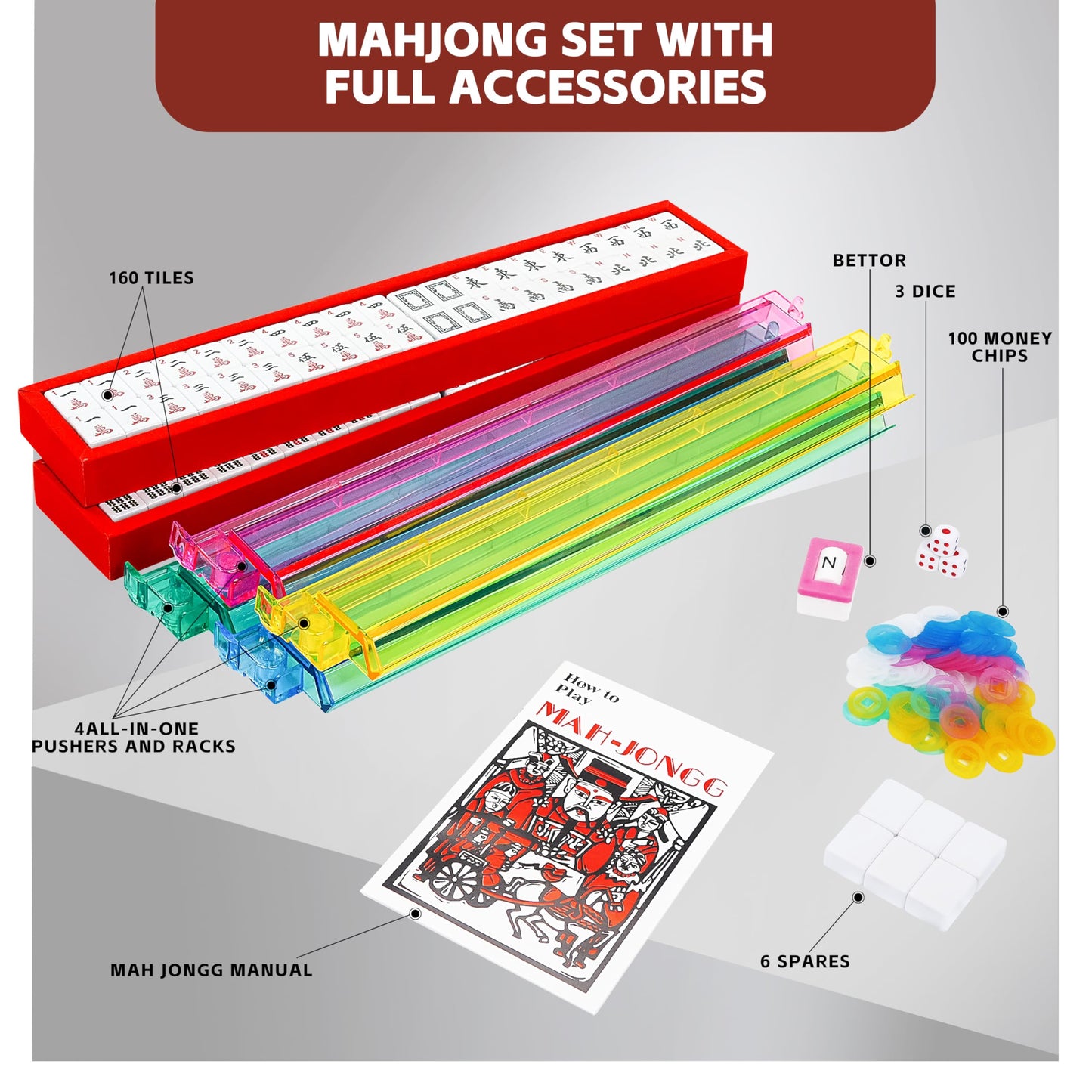 American Mahjong Set 166 Tiles, Complete Mahjong Game Kit with Portable Leather Suitcase, 4 Racks, 2 Storage Trays, Dice, Wind Indicator, Chips, Full