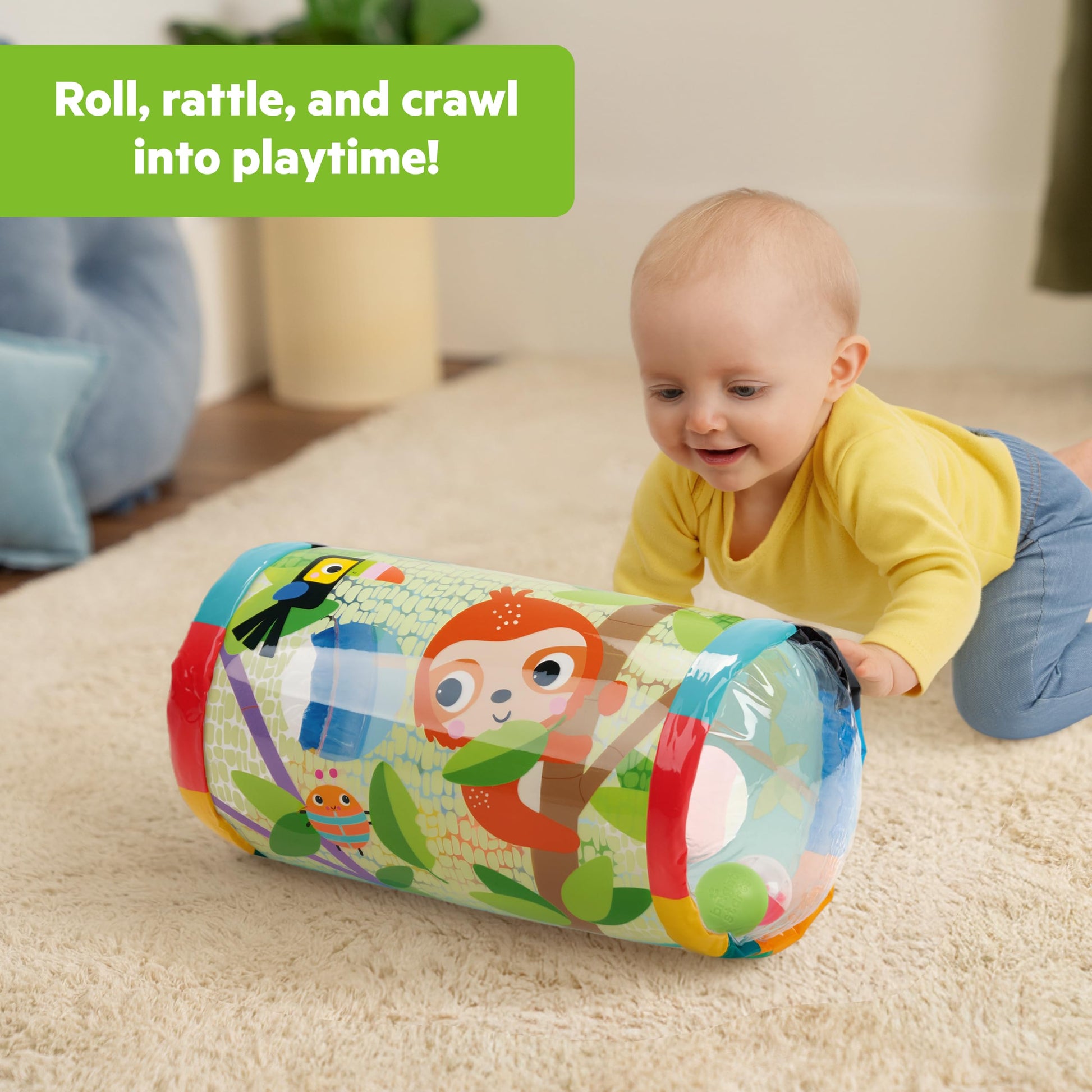 Bright Starts Roll-Along Rainforest Baby Toy, Push & Crawl Activity Toy with Rattle Balls, Portable Travel Roller Toy for Infants & Toddlers, Unisex
