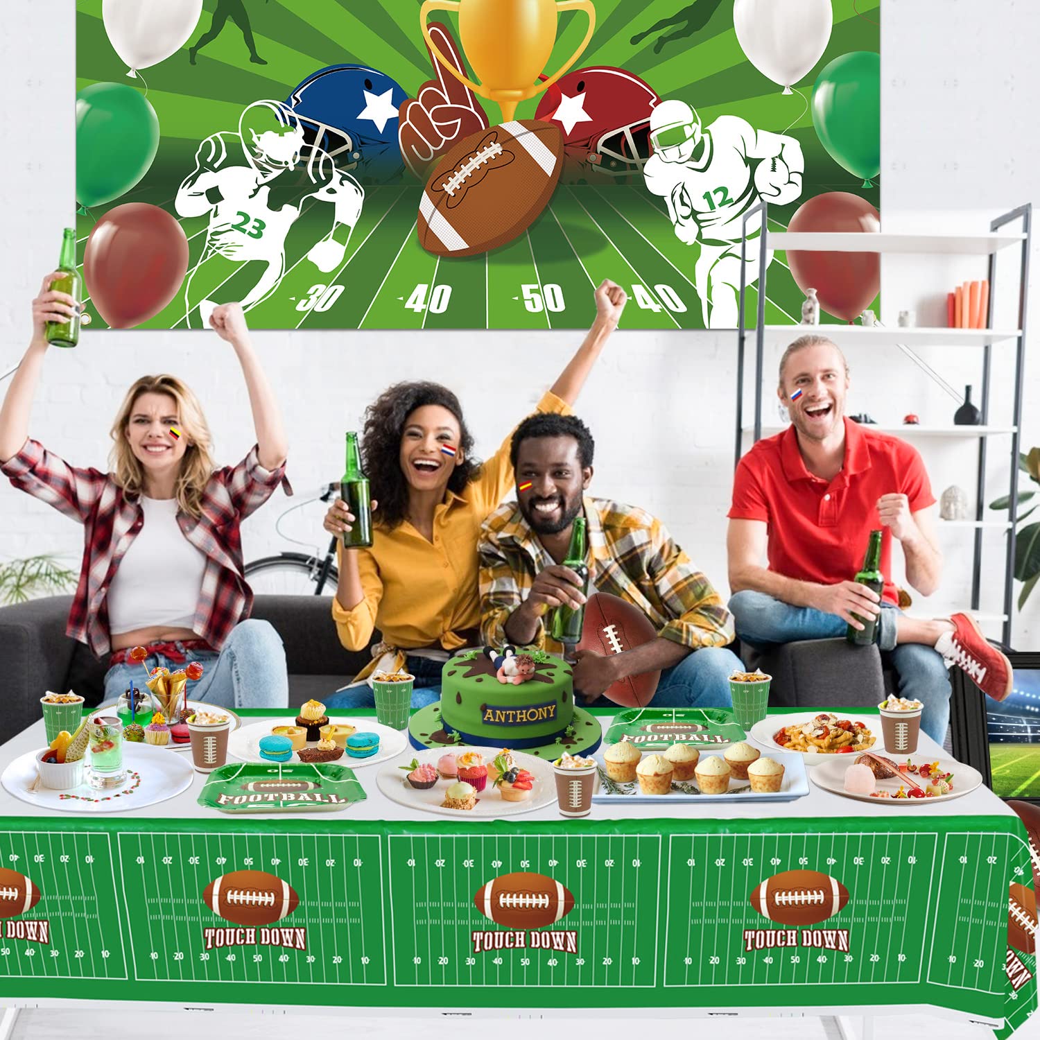 4 Pack Football Themed Tablecloths Disposable Plastic Football Table Cover Supplies Rectangular Game Day Tablecloth Football Field for Tailgate