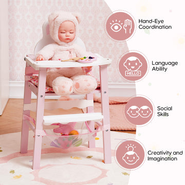 ROBOTIME Wooden Baby Doll High Chair - Pretend High Chair Toys for 18" Dolls - Doll Feeding Chair Toy with Tray - Baby Doll Furniture for Girls Ages