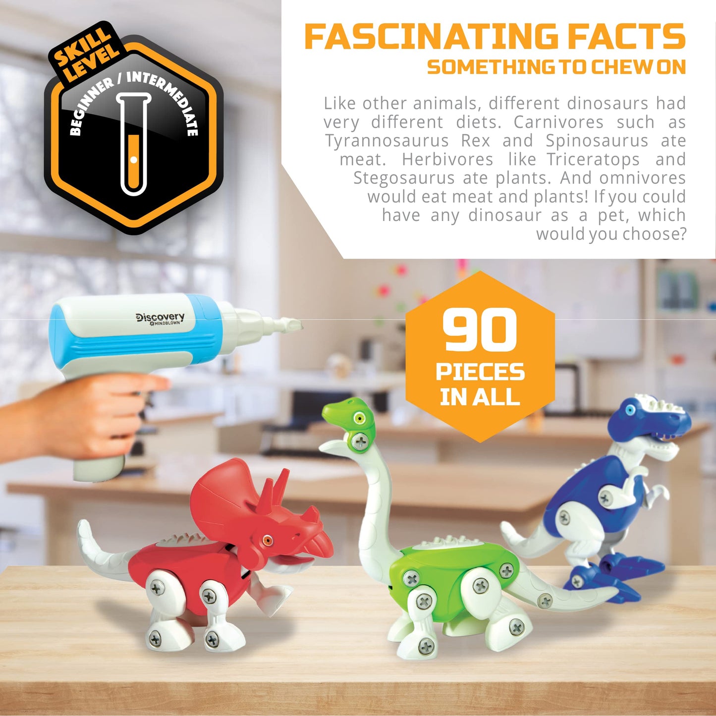 Discovery™ Dinosaur Construction Set, 90-Piece Action Model Build Kit, Kid-Safe Electronic Tools & Screws, Create T-Rex Triceratops, Prehistoric