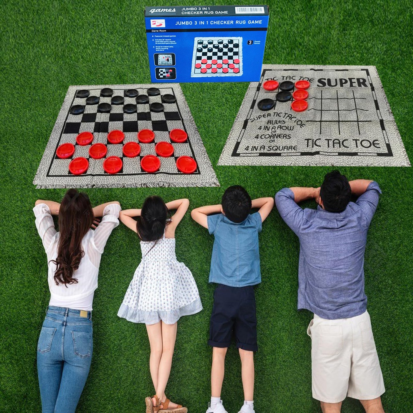 Yuanhe Gaint Checkers Game Set - Large 3 in 1 Checkers Including Tic Tac Toe with Reversible Rug, Calssic Indoor Outdoor Yard Games for Family